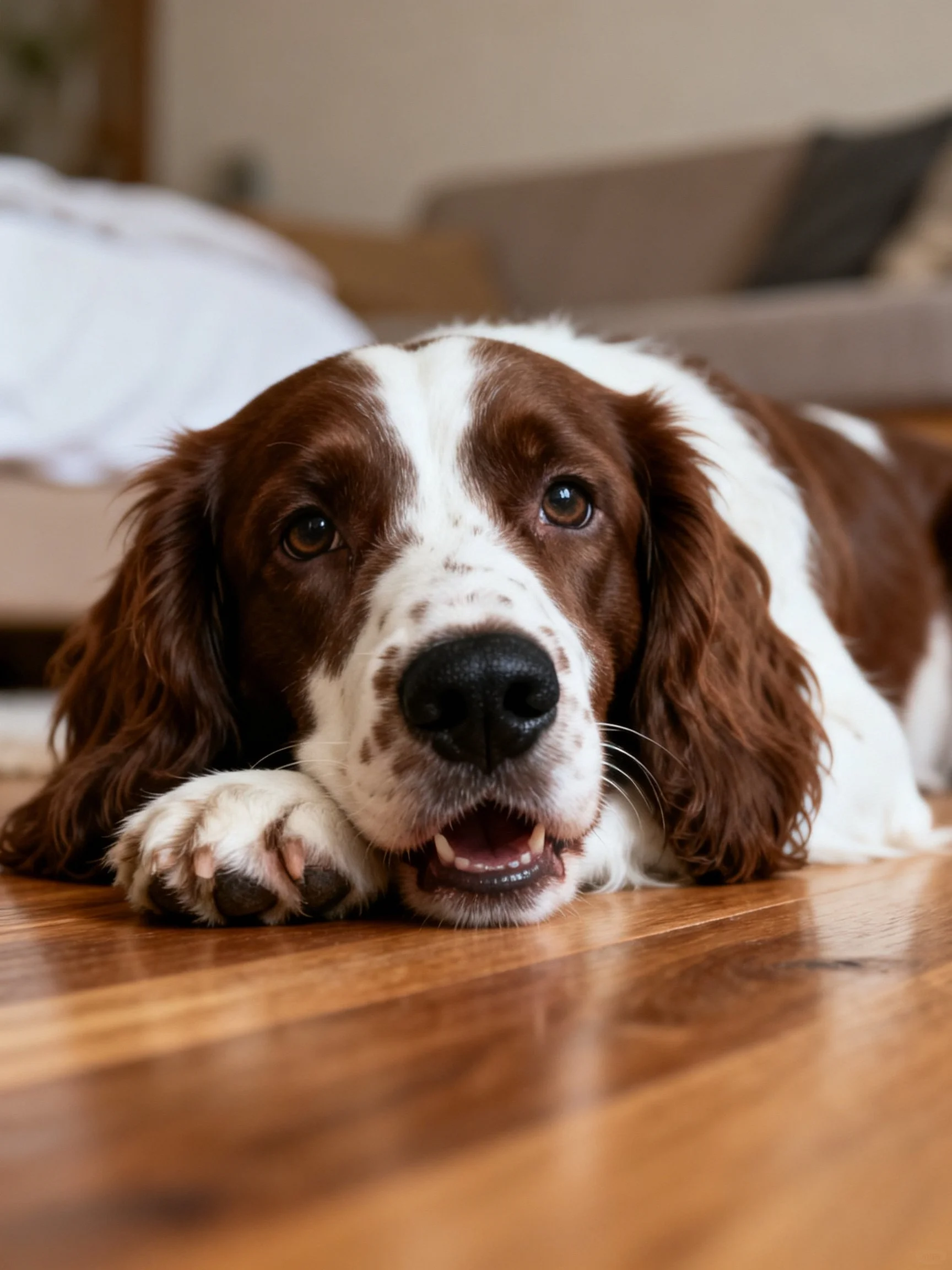 Brown and white spaniel resting on glossy wooden floor
