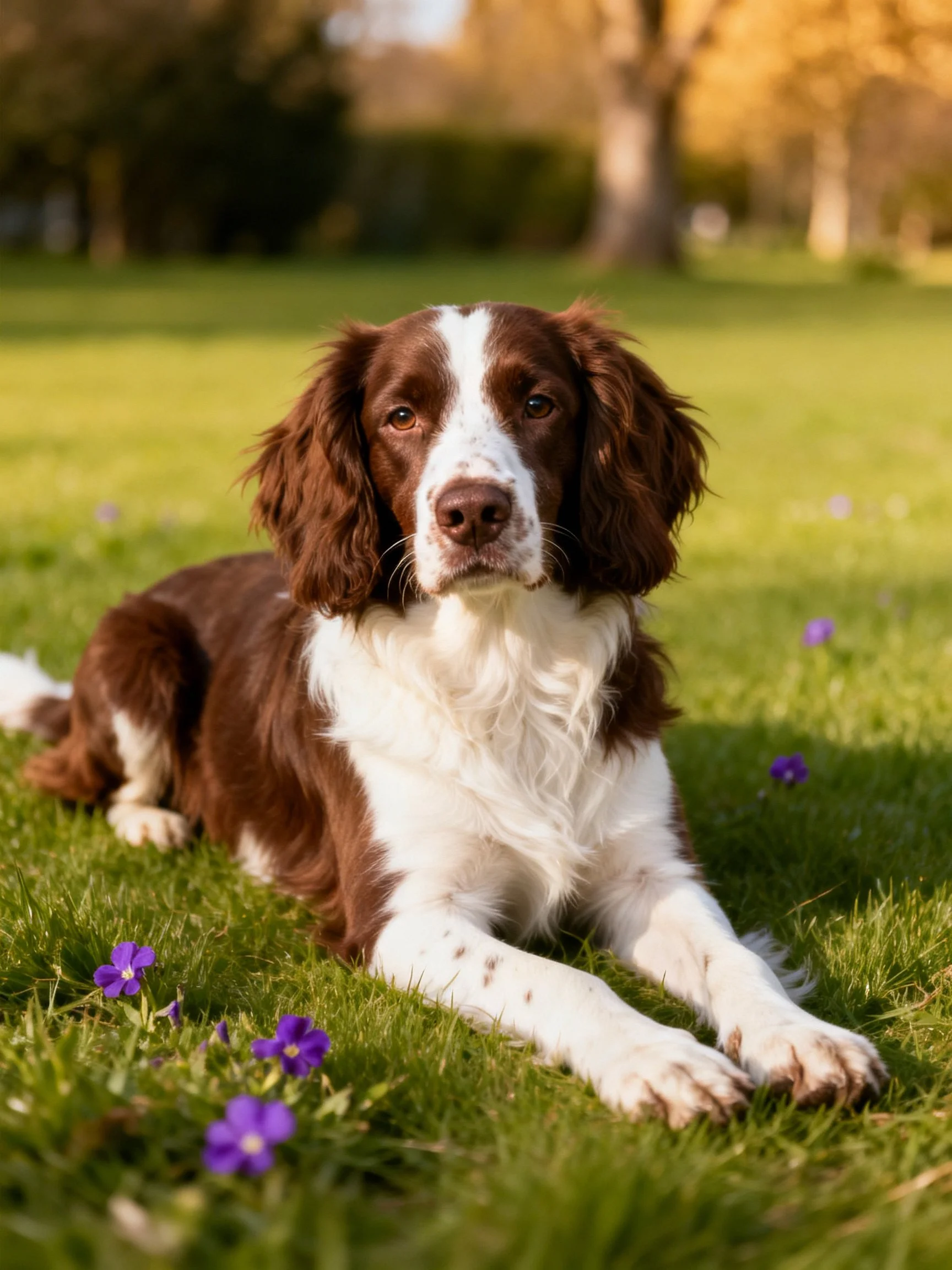 Brown and white spaniel resting on lush green grass with purple flowers
