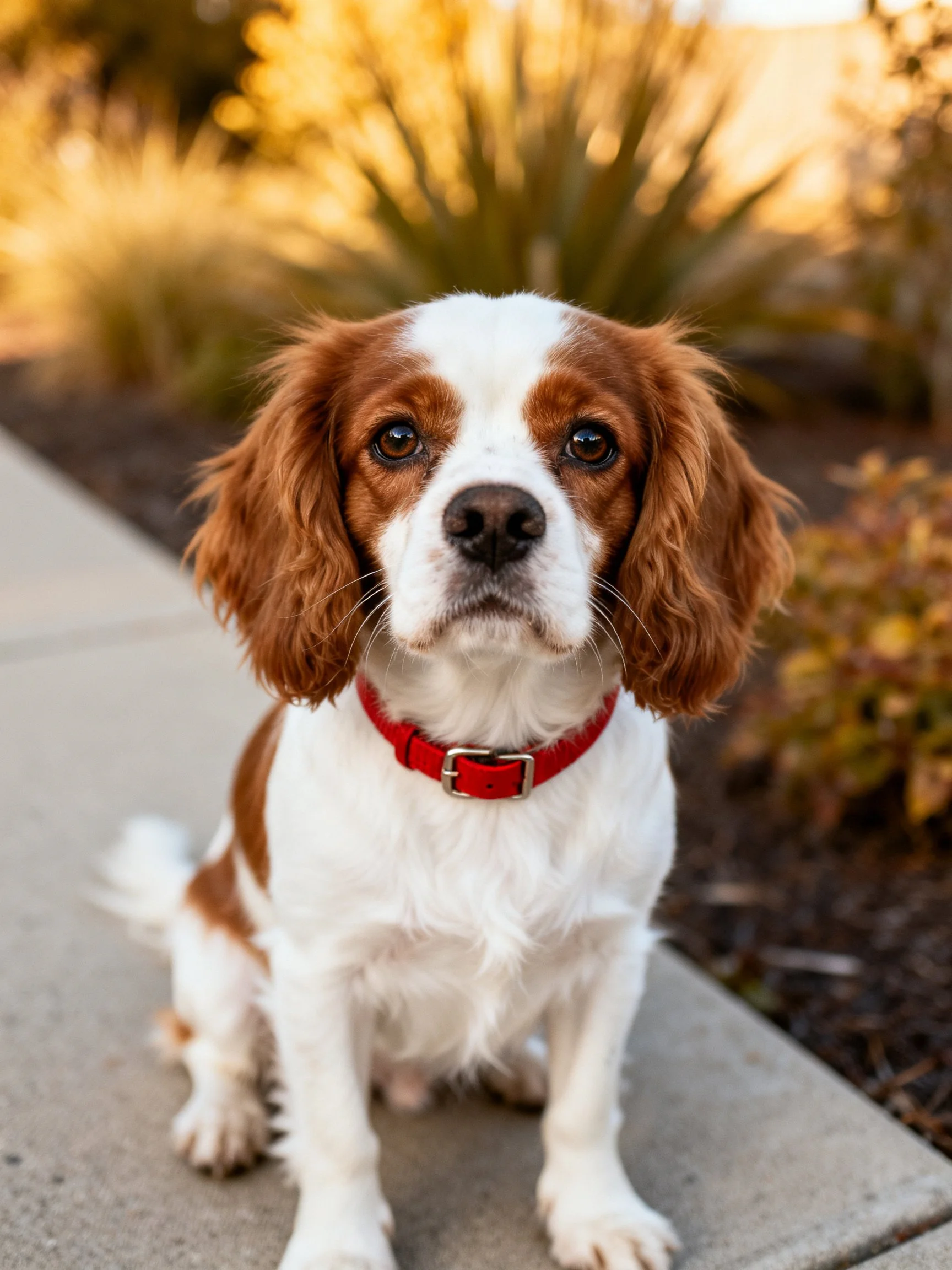 Brown and white spaniel wearing red collar sits on concrete path