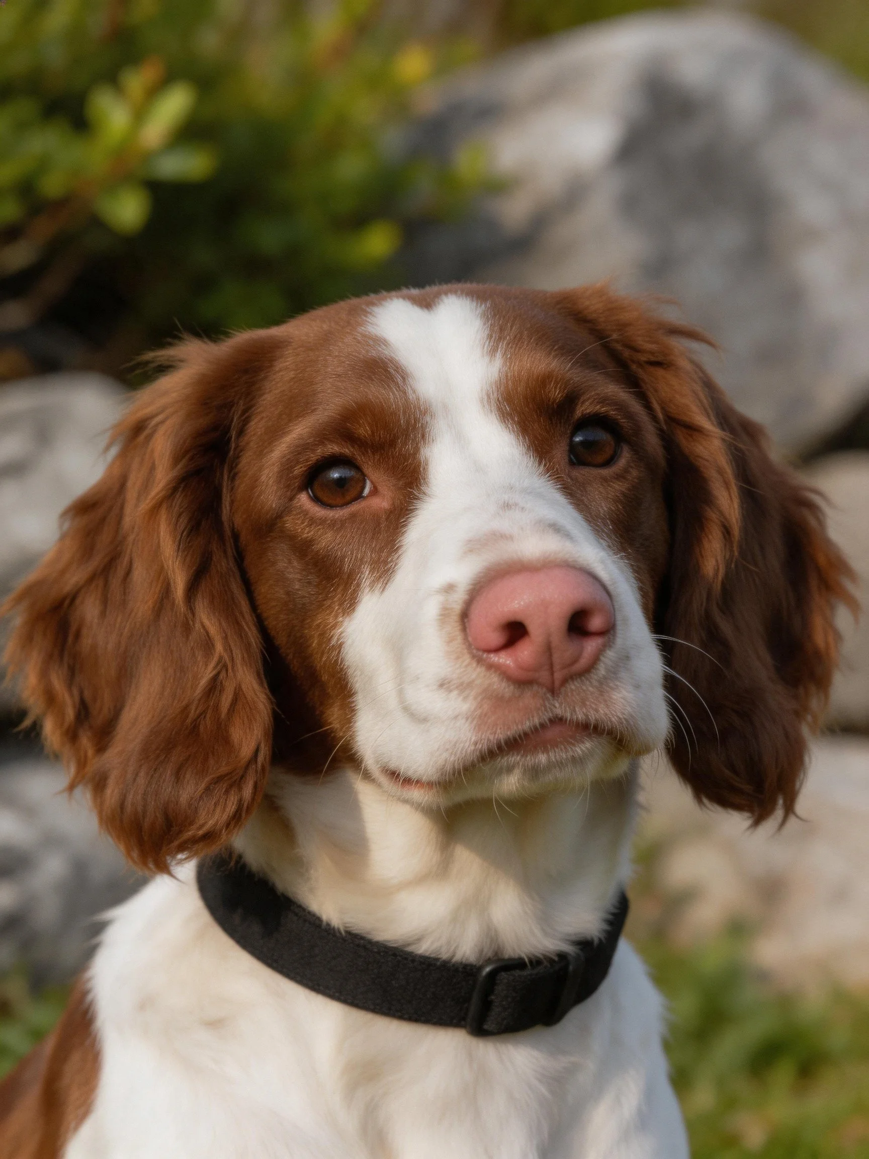 Brown and white spaniel with black collar near rocks and greenery
