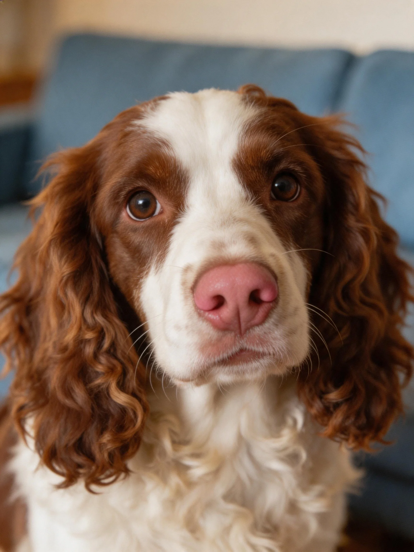 Brown and white spaniel with curly ears beside a blue sofa