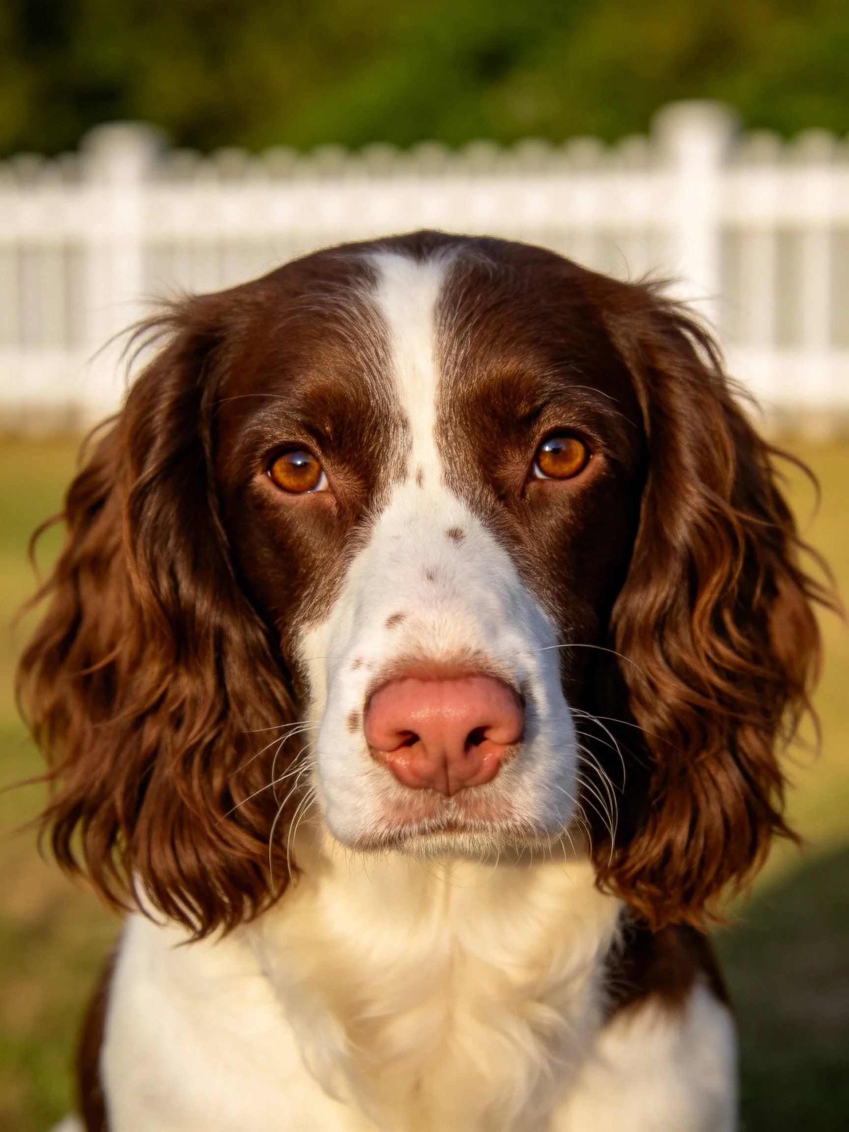 Brown and white spaniel with curly ears near a white picket fence
