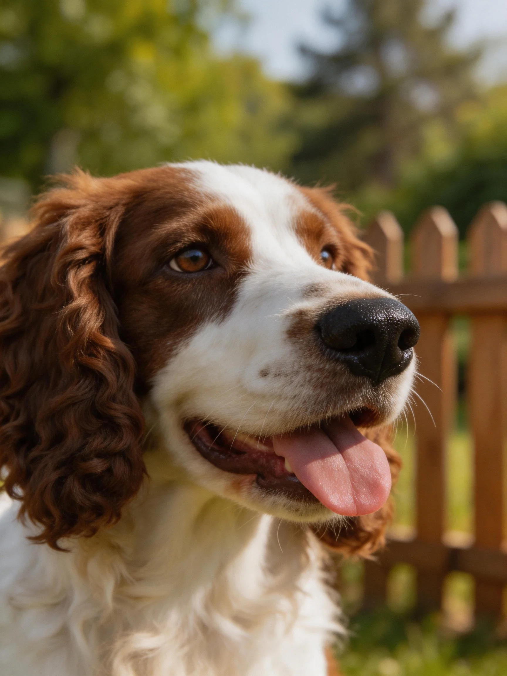 Brown and white spaniel with curly ears near a wooden fence
