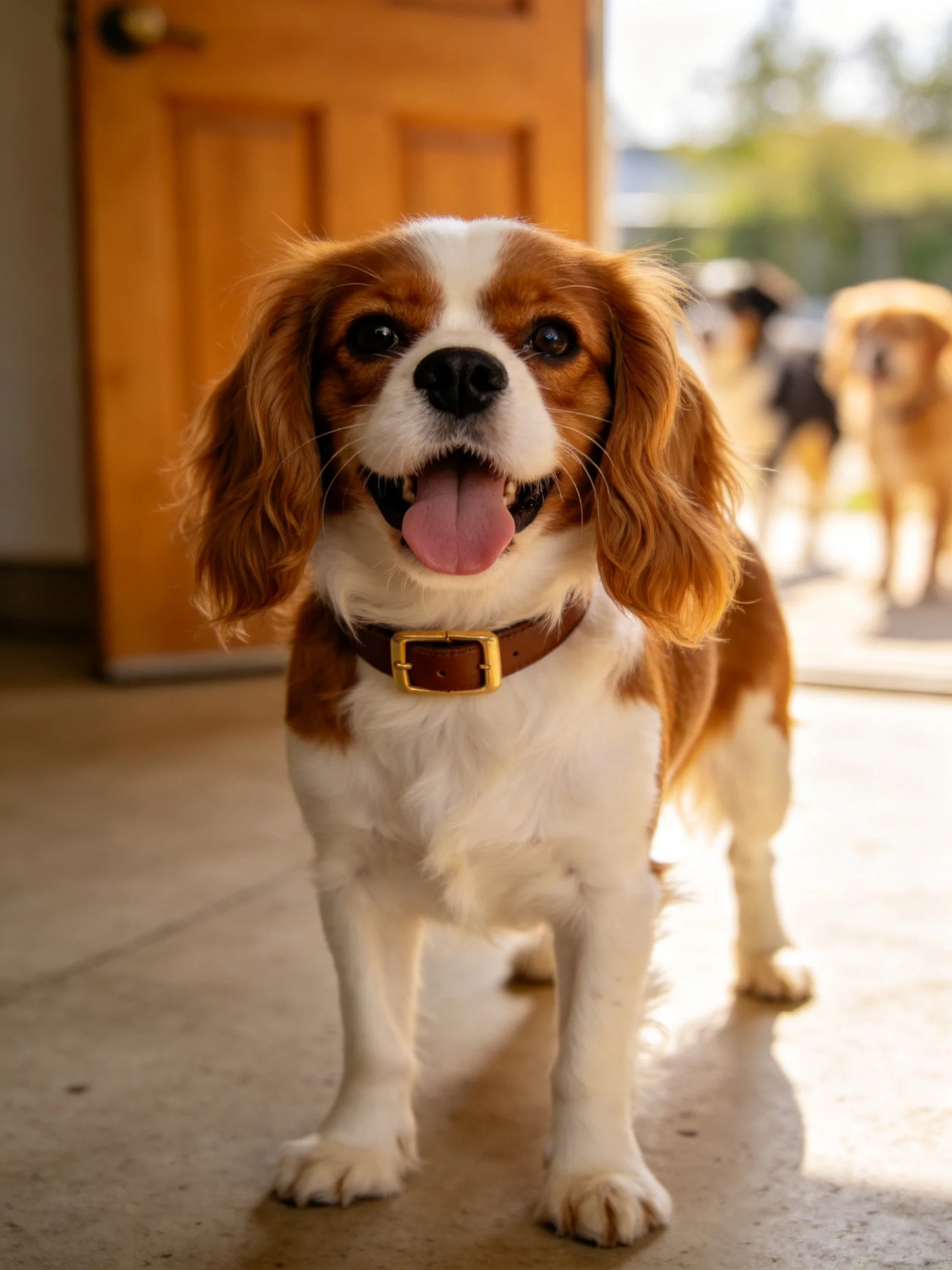 A brown and white spaniel stands happily near a wooden door with other dogs in the background.