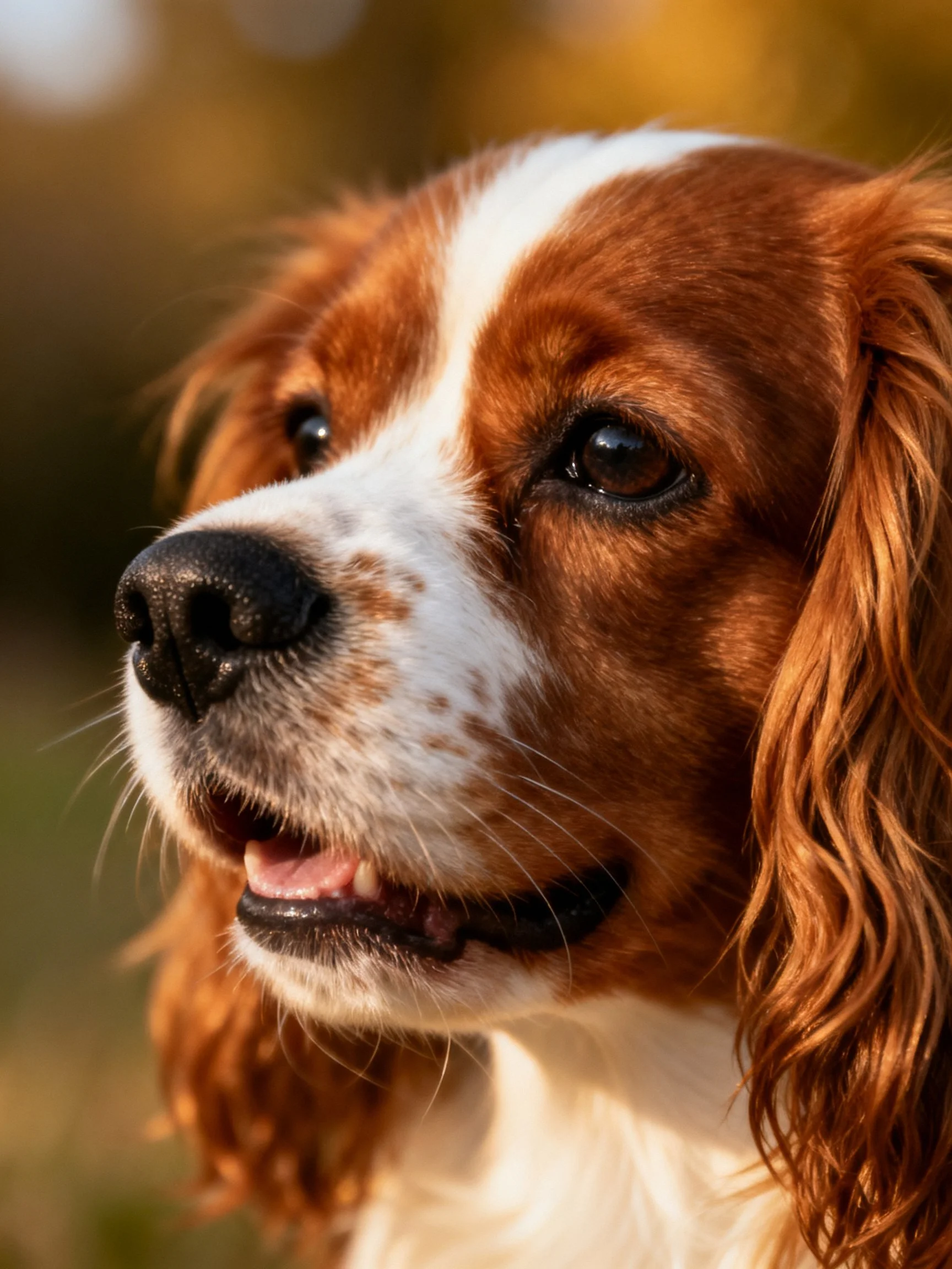 Brown and white spaniel with long curly ears in golden light