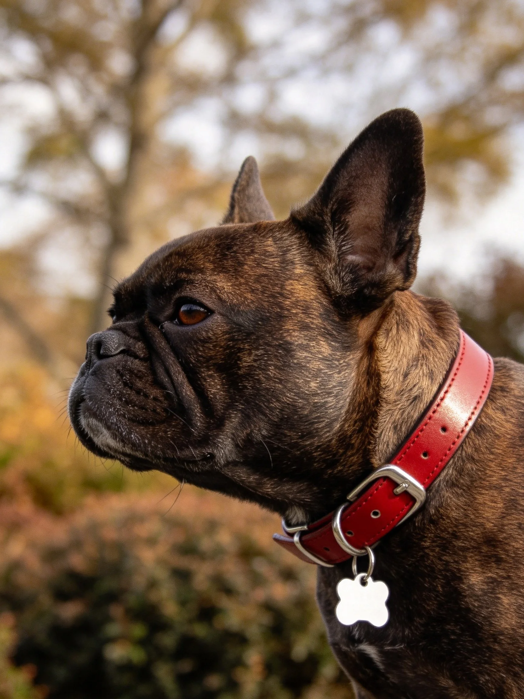 Brown brindle French bulldog wearing red leather collar outdoors
