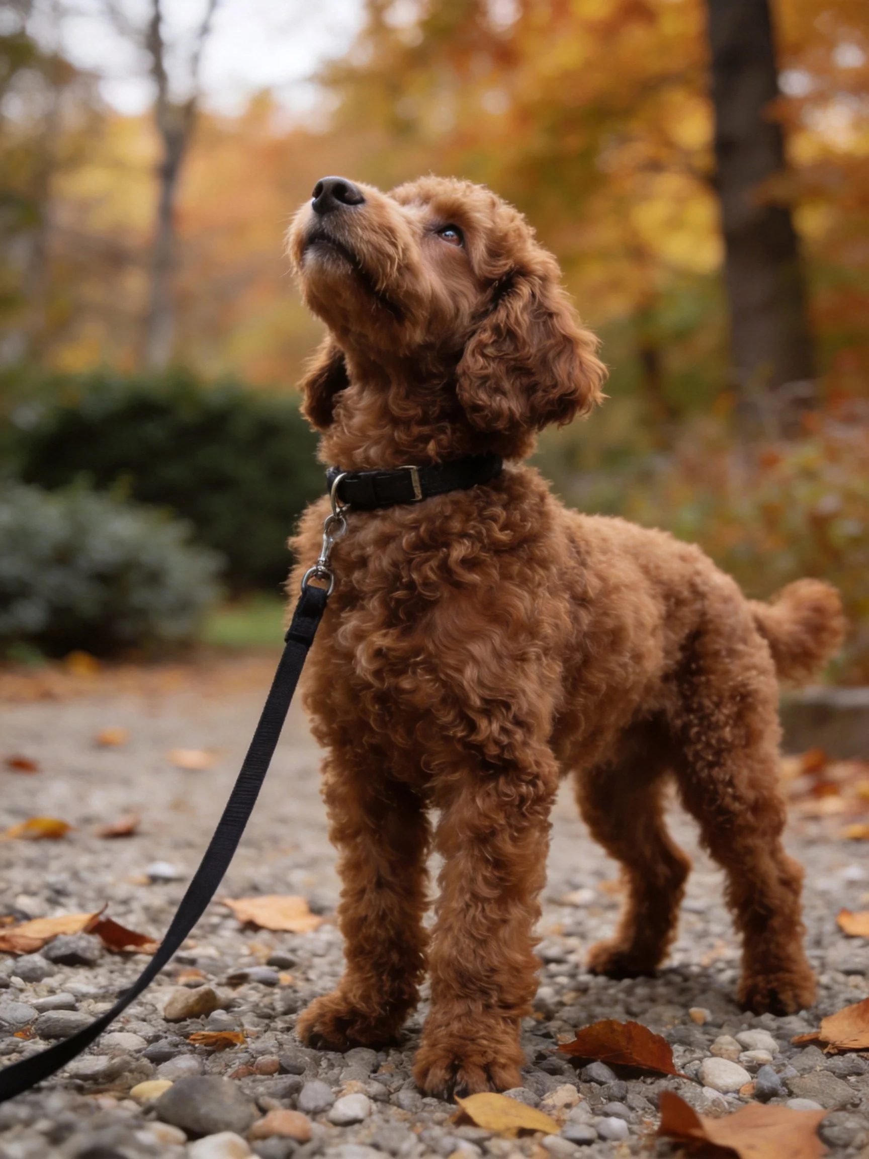 A brown curly dog stands on a gravel path amid autumn scenery.