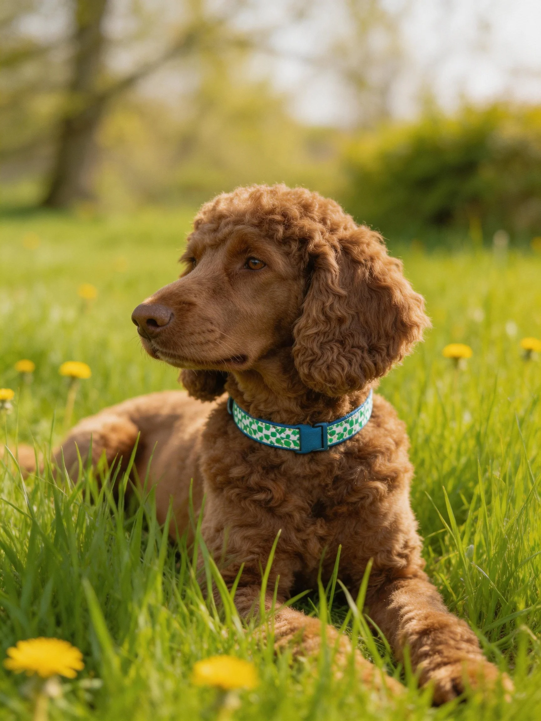 Brown curly-coated dog resting in a grassy field with yellow flowers
