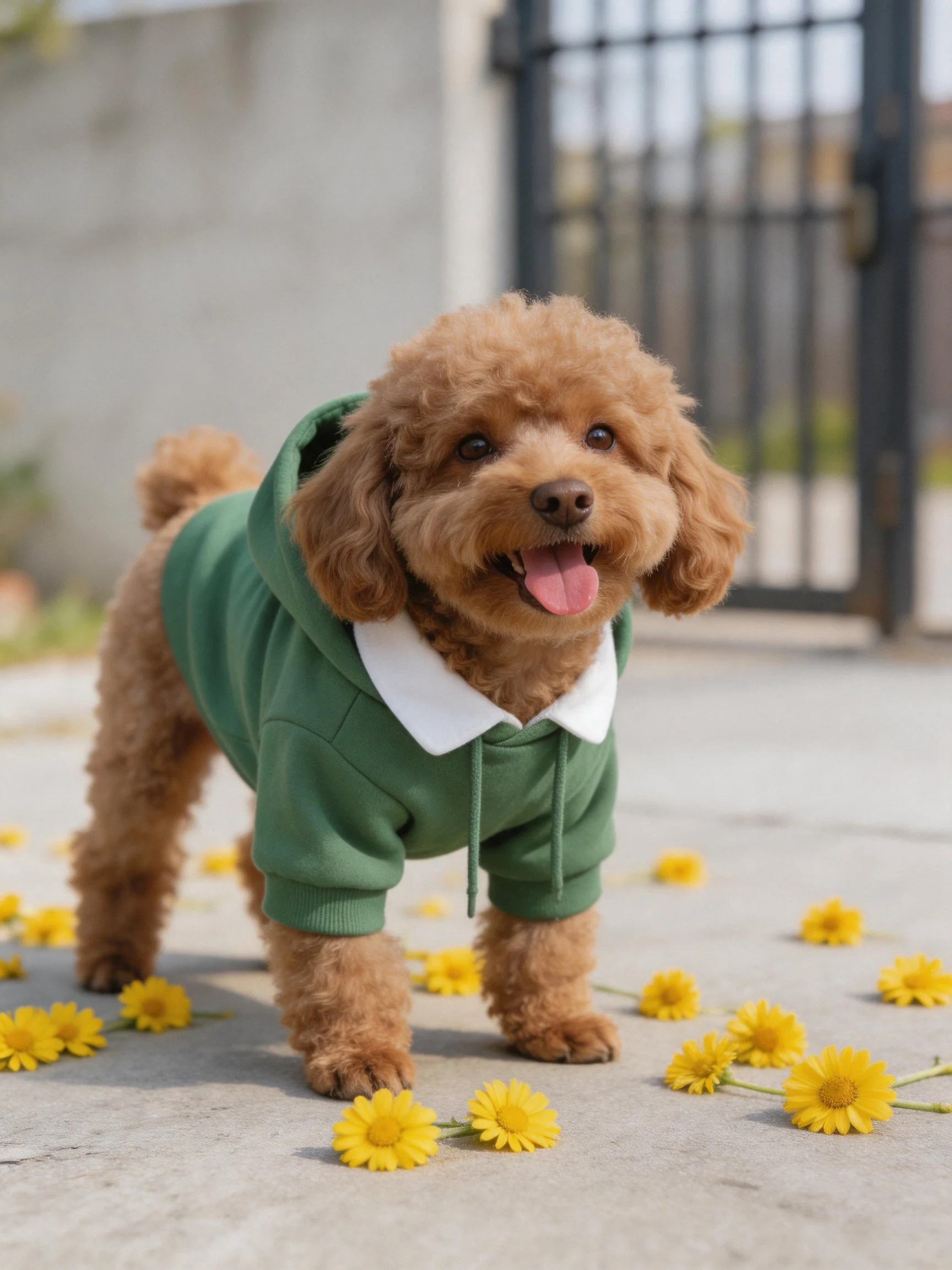 A brown curly - haired dog wears a green hoodie amid scattered yellow flowers.