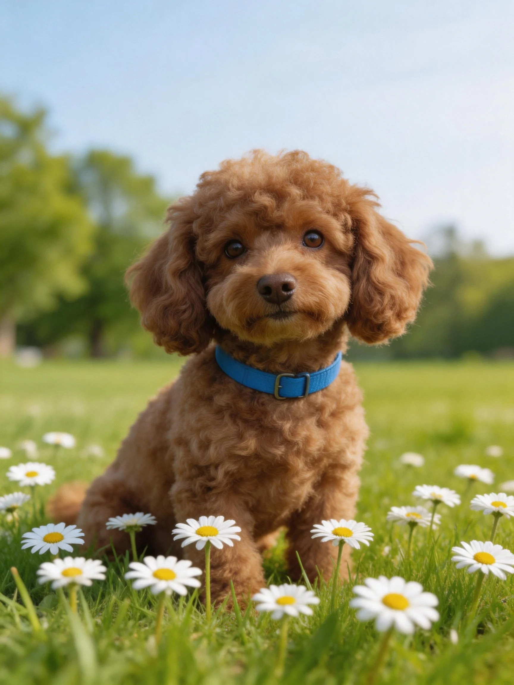A brown dog with a blue collar sits among daisies in a sunlit grassy area.