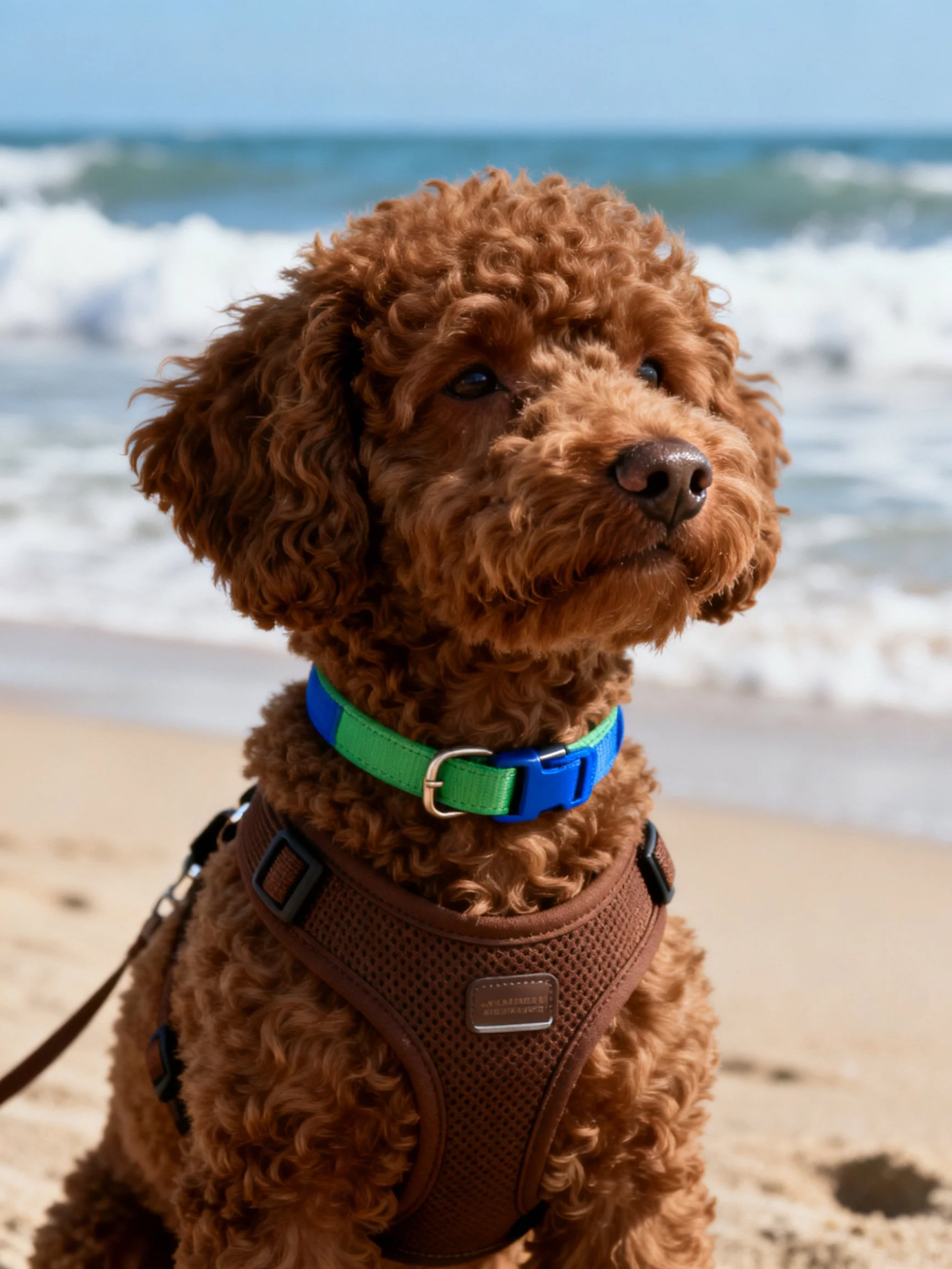 A brown curly-haired dog sits on a sandy beach near the ocean.