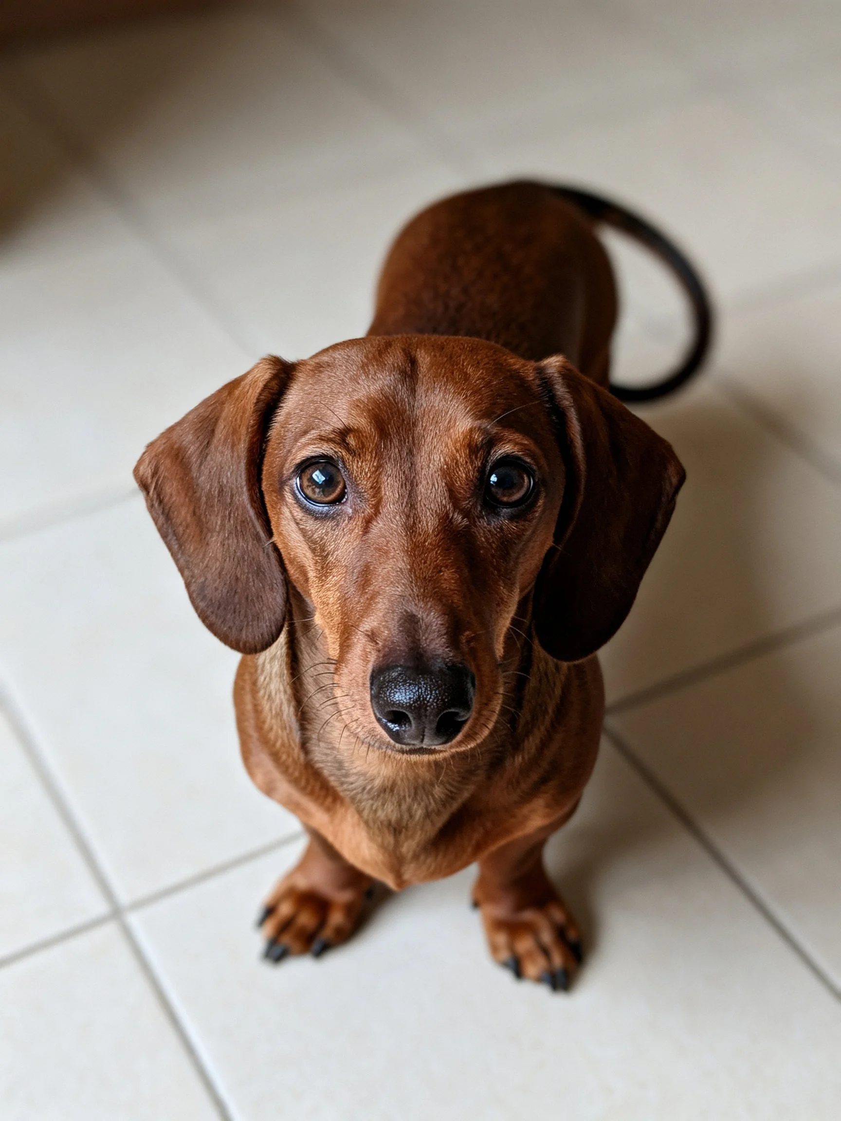 A brown dachshund looks upward on a white tiled surface.