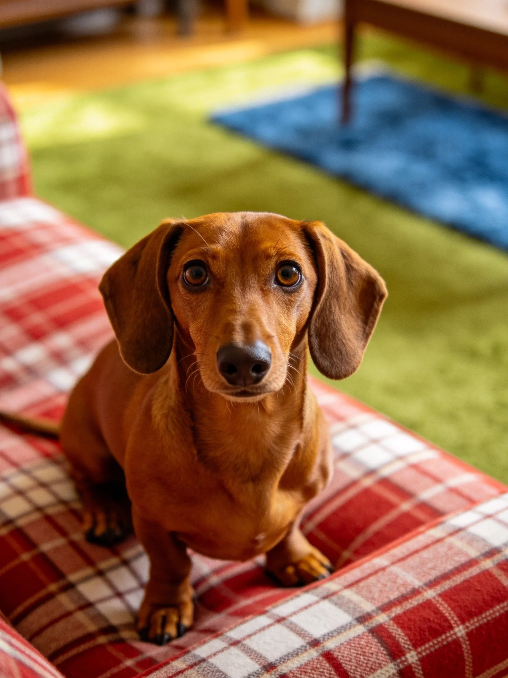 A brown dachshund sits calmly on a red plaid couch in a cozy room.