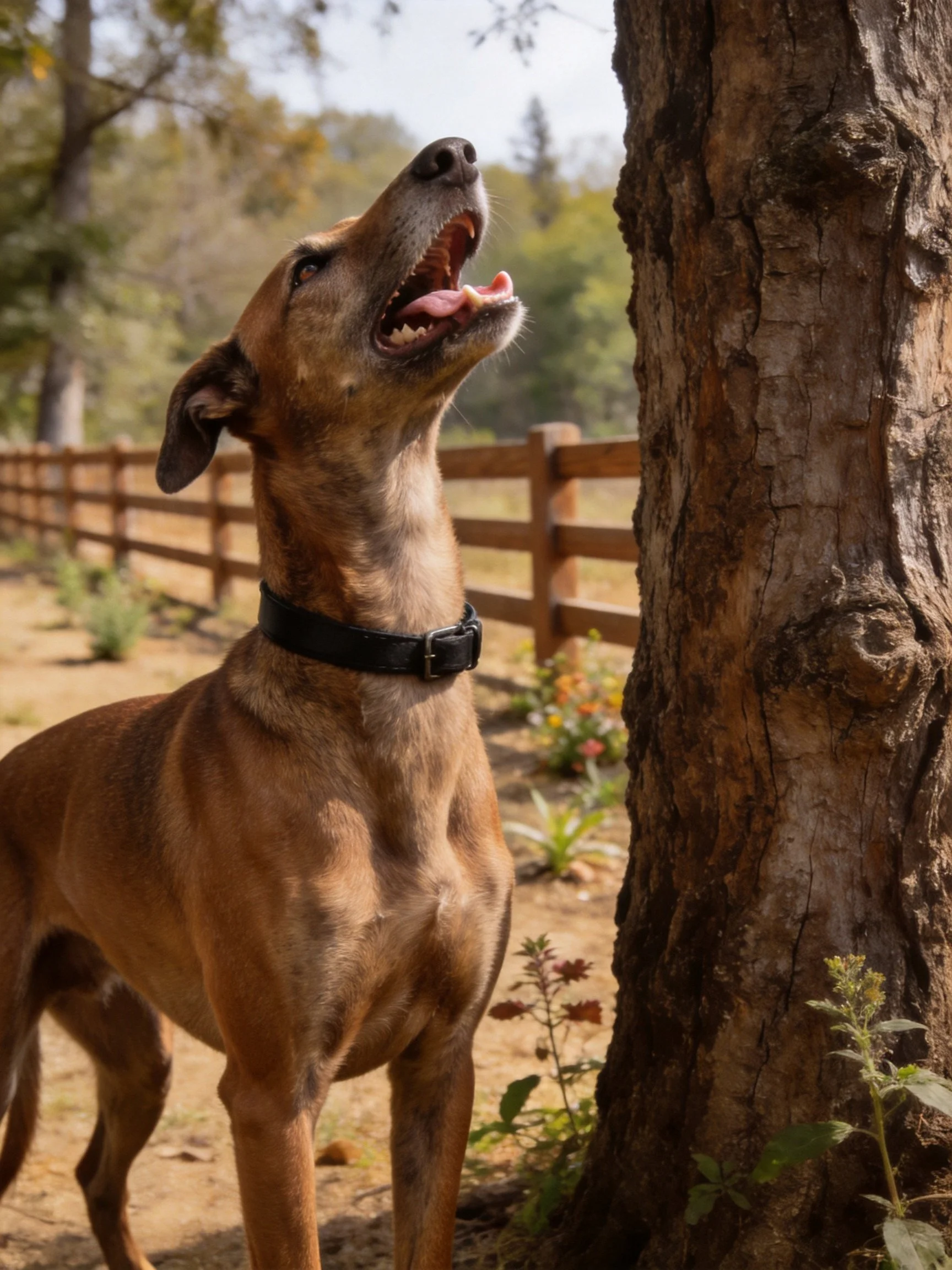 Brown dog barks beside a gnarled tree by a wooden fence