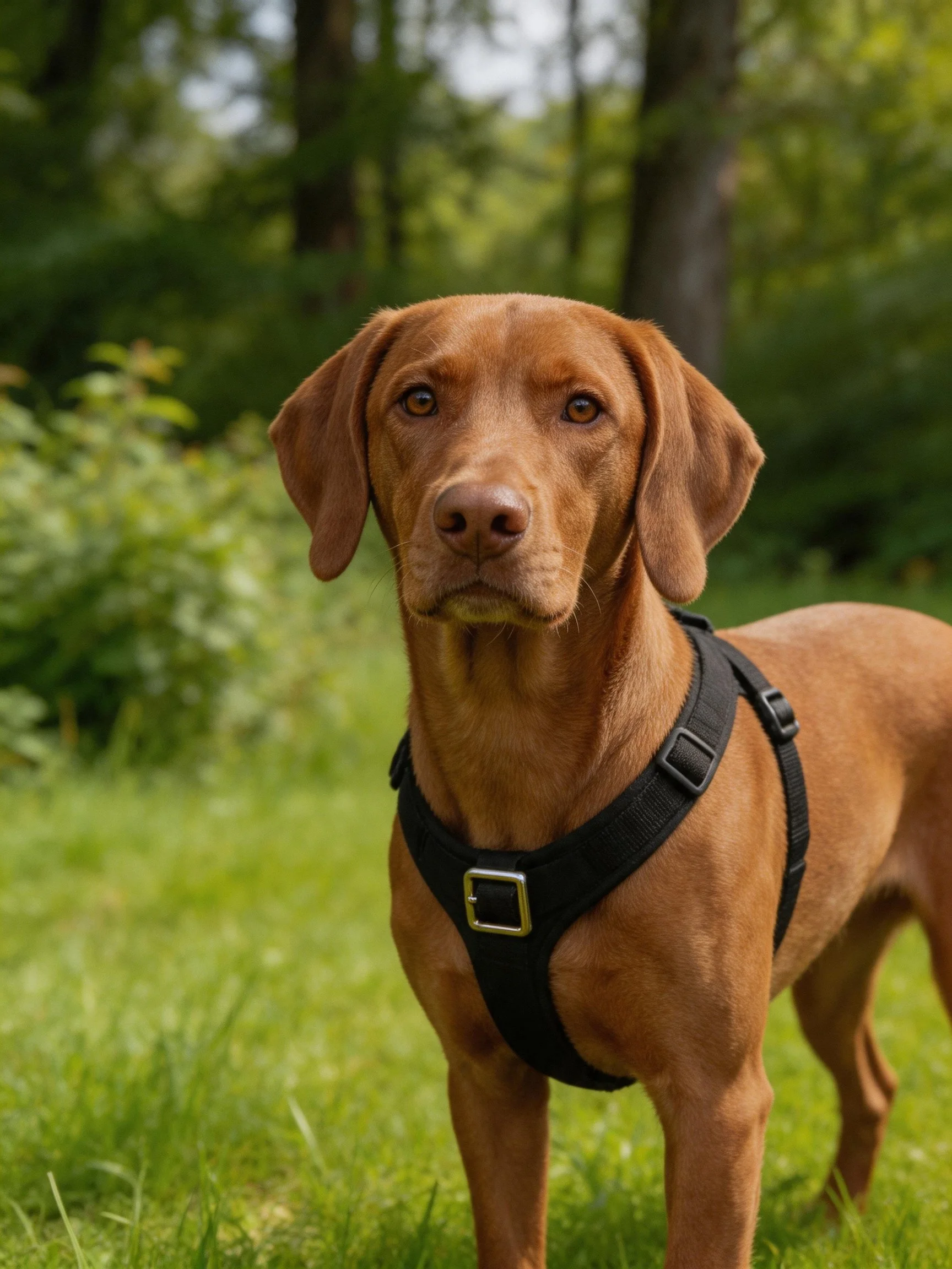 Brown dog in black harness amidst lush greenery