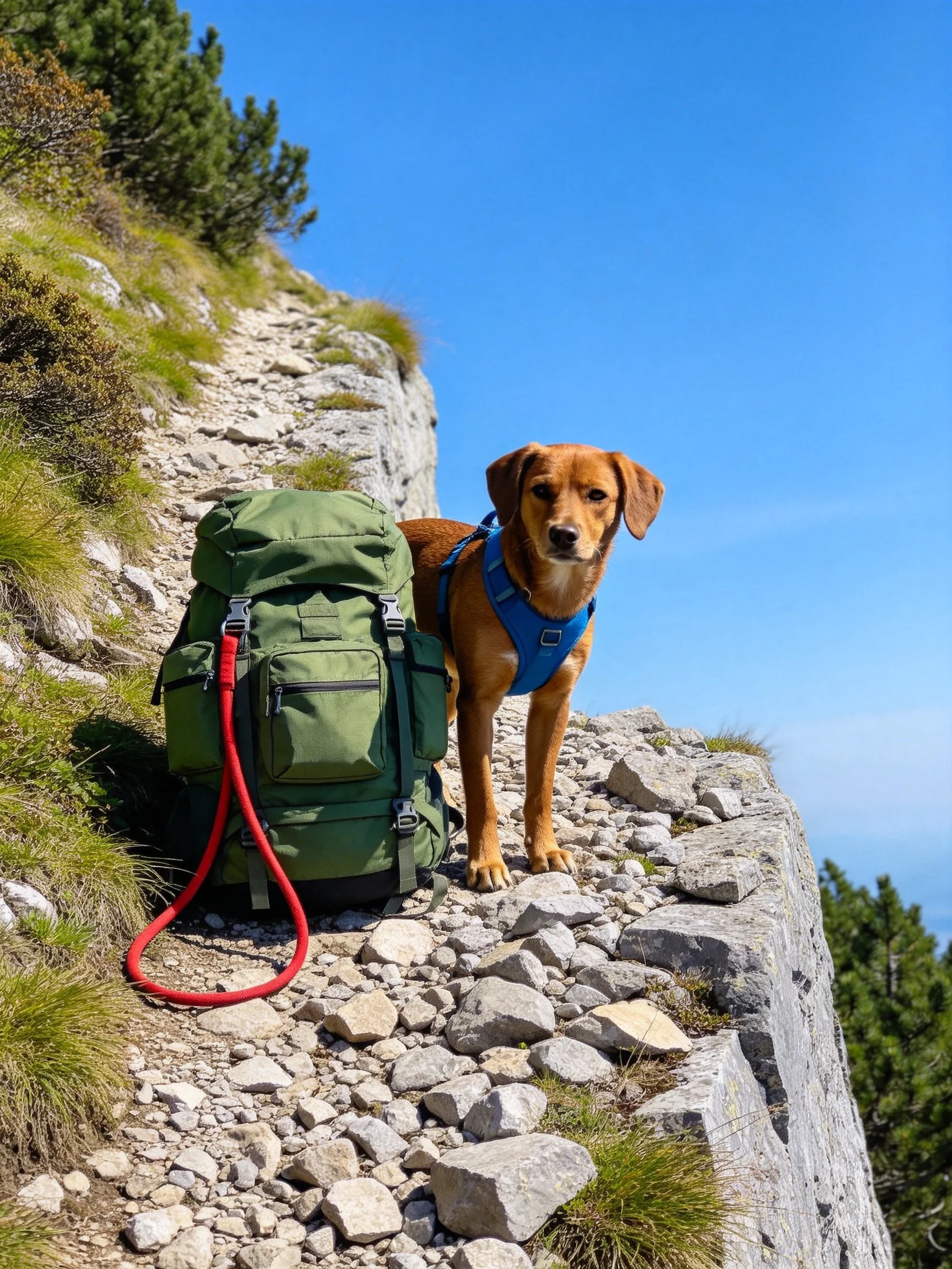 Brown dog in blue harness beside green backpack on rocky mountain trail