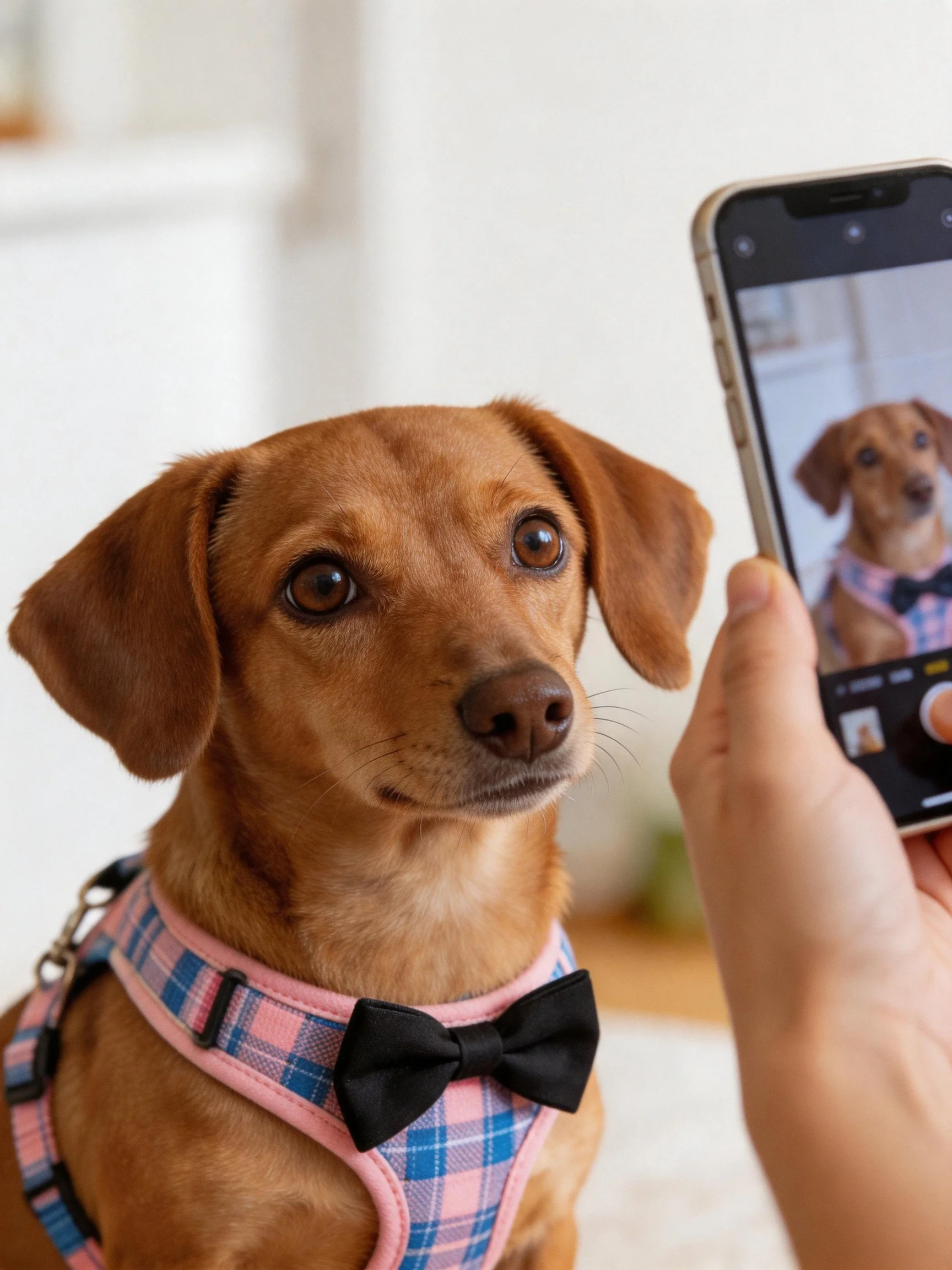 A brown dog in a plaid harness is photographed with a smartphone.