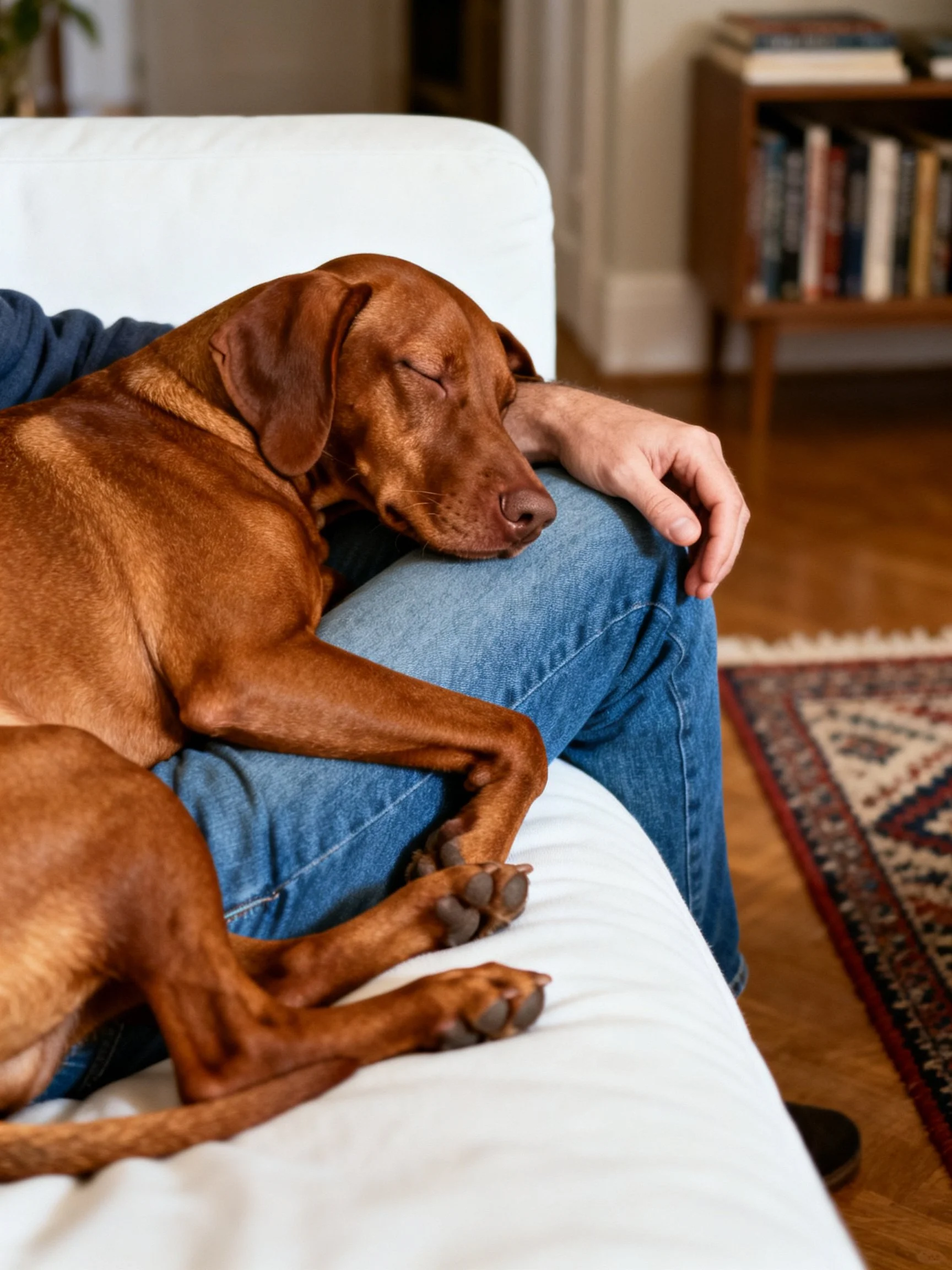 Brown dog napping on person’s lap on white couch