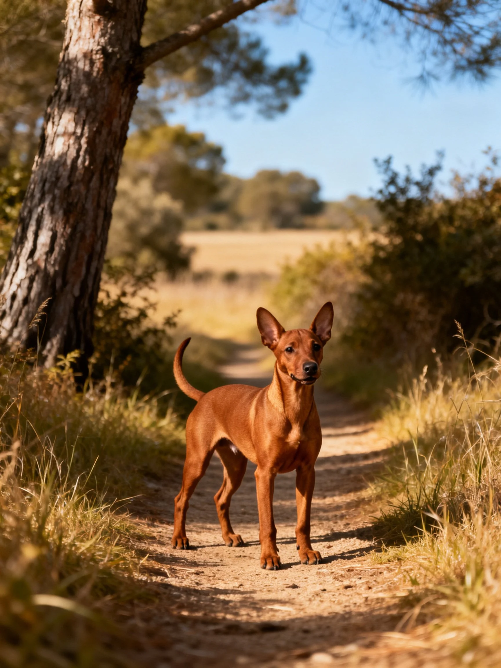 A brown dog stands on a sunlit dirt path in a wooded area.