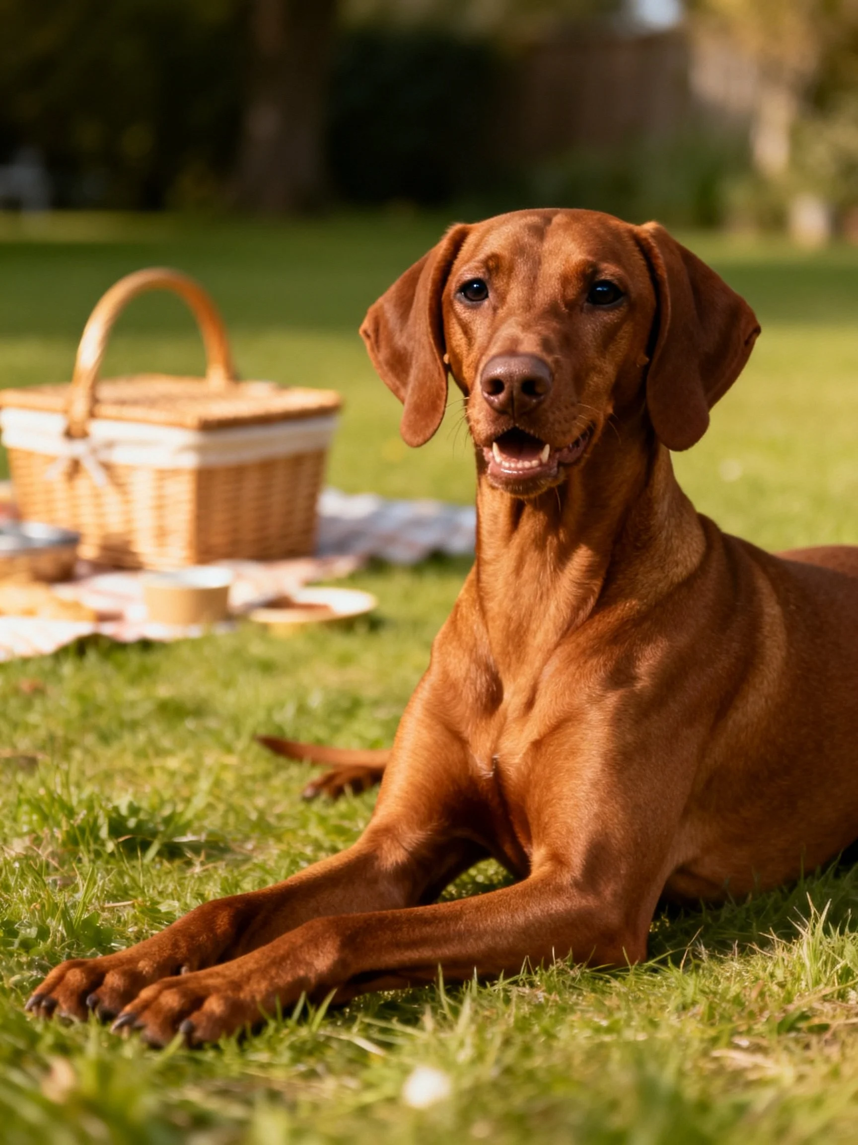 A brown dog relaxes on grass beside a picnic setup outdoors.