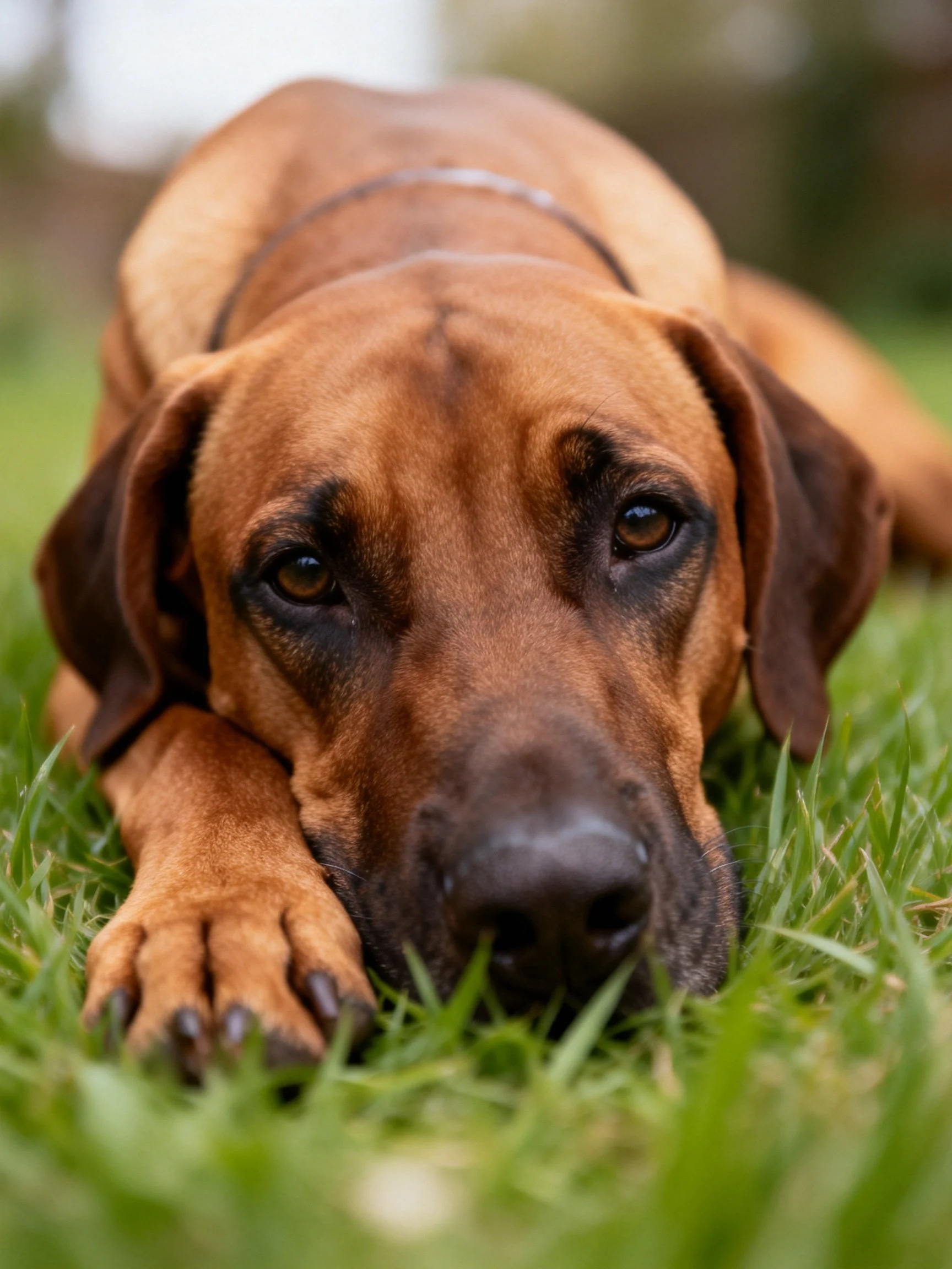 A brown dog lies calmly on green grass.