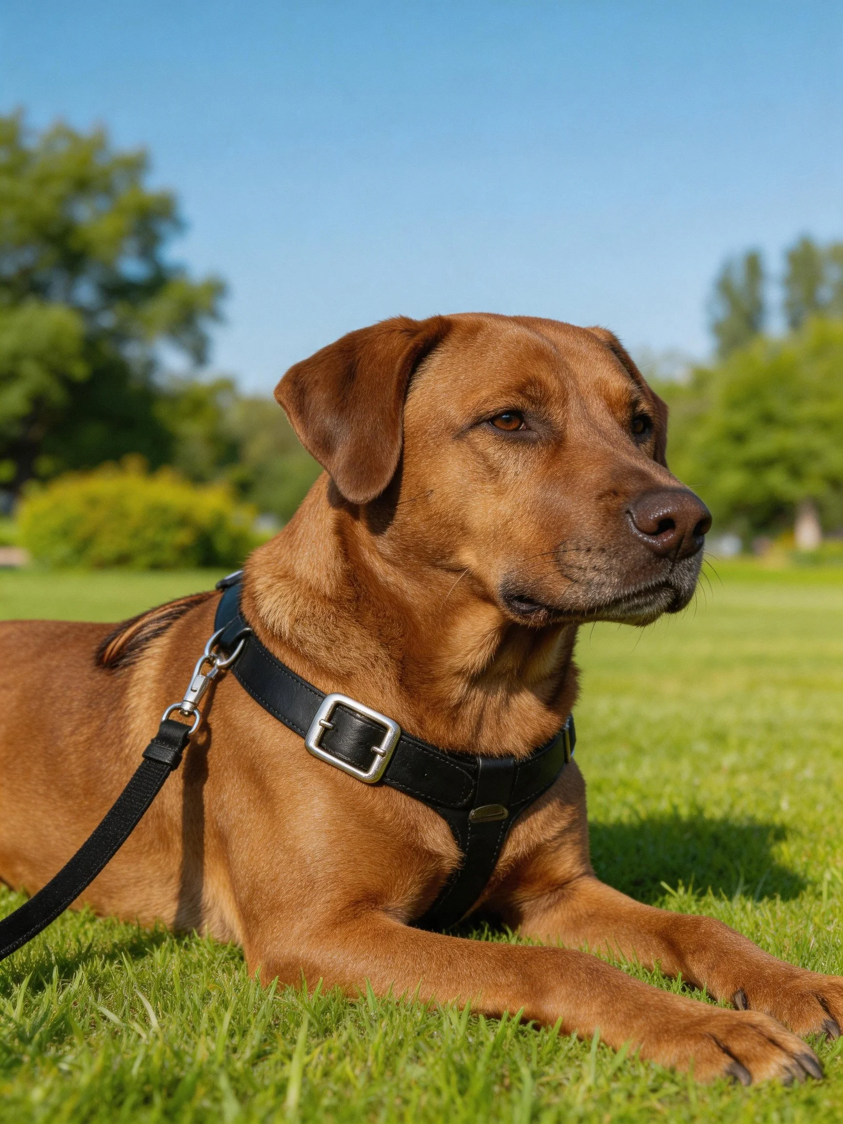 A brown dog wears a black harness while lying on grass in a sunny park.