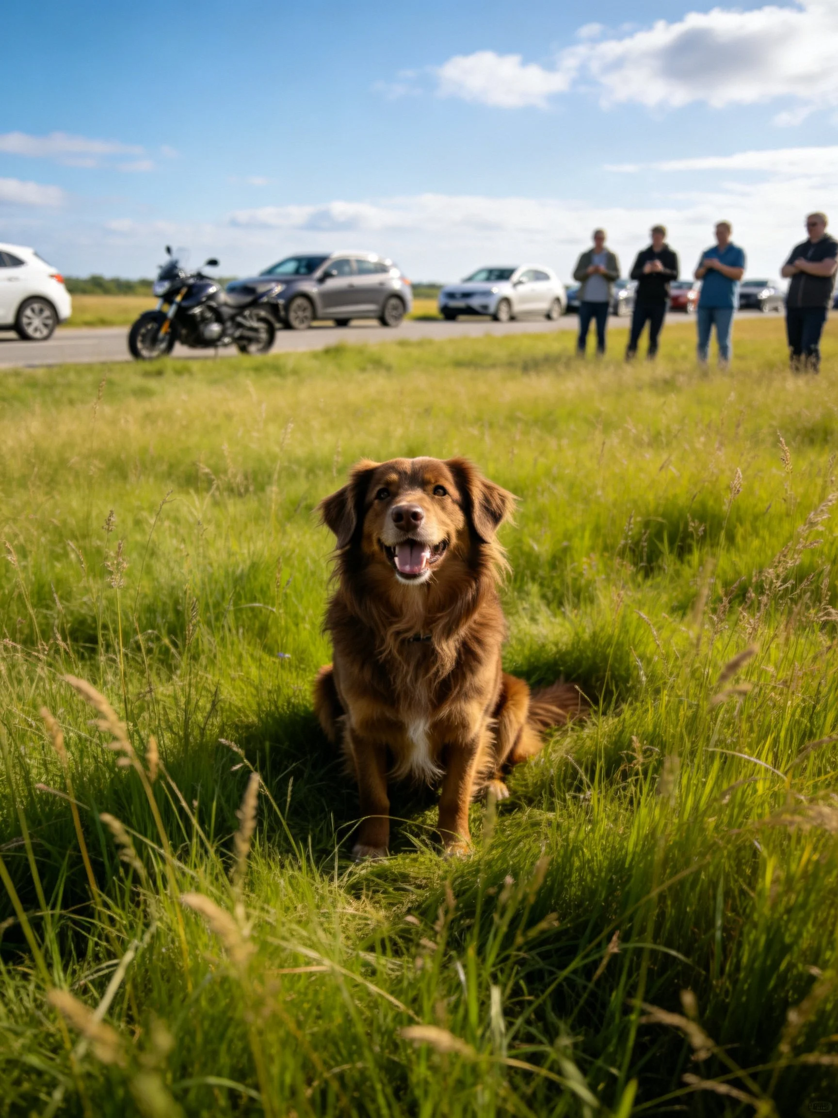 Brown dog sits in tall grass near road with vehicles and onlookers