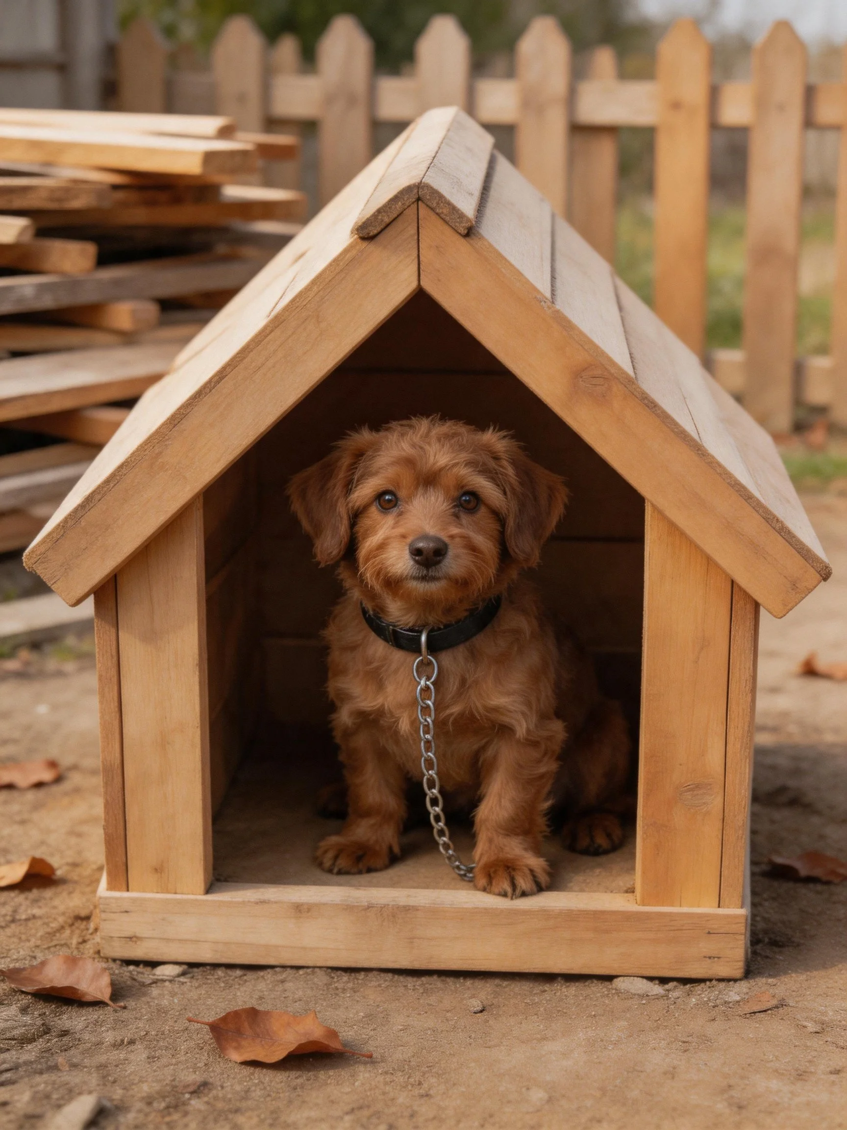 A brown dog sits inside a small wooden doghouse with a chain.
