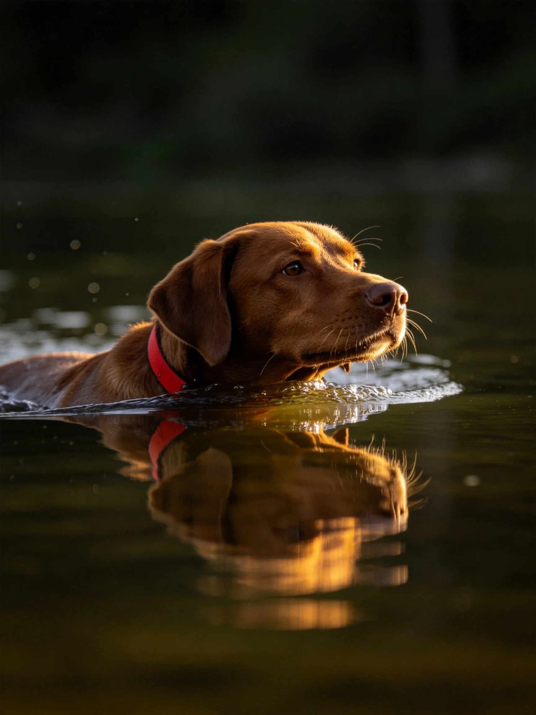 A brown dog swims in calm water, with its reflection clearly seen.