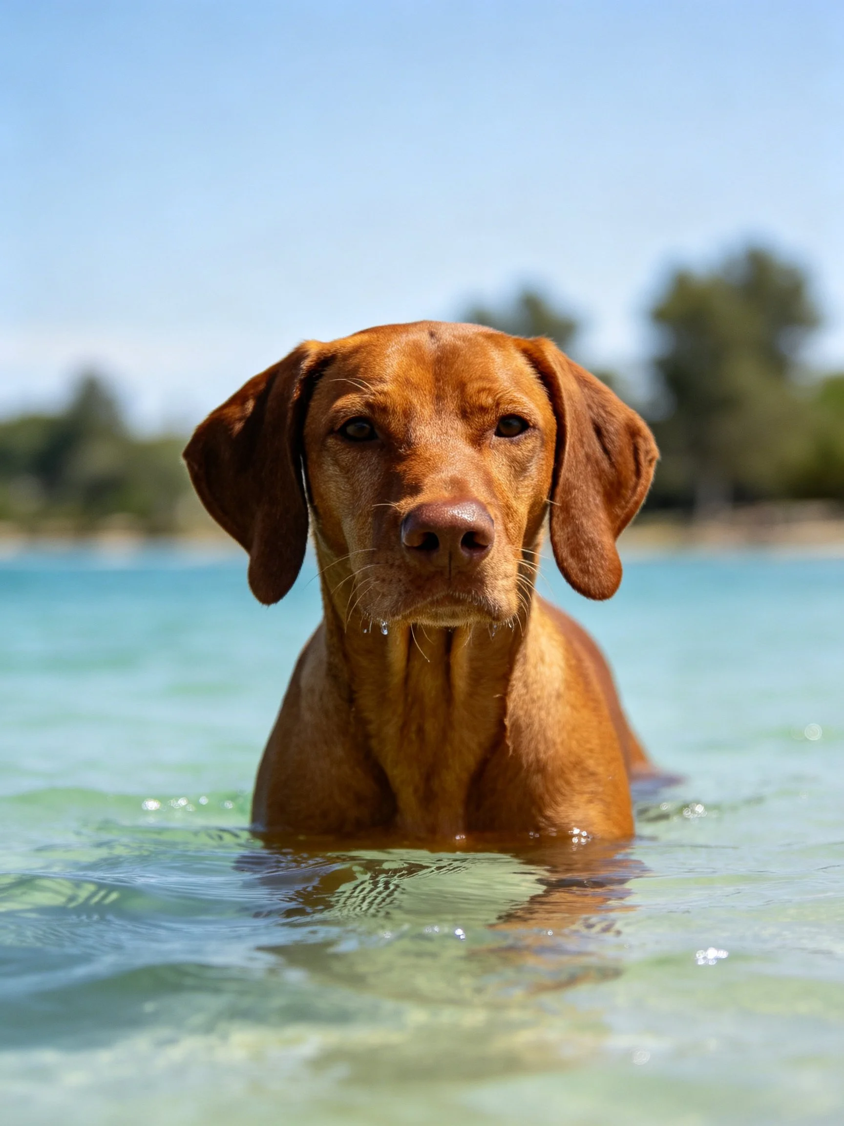 Brown dog swims in clear blue water with green trees in background