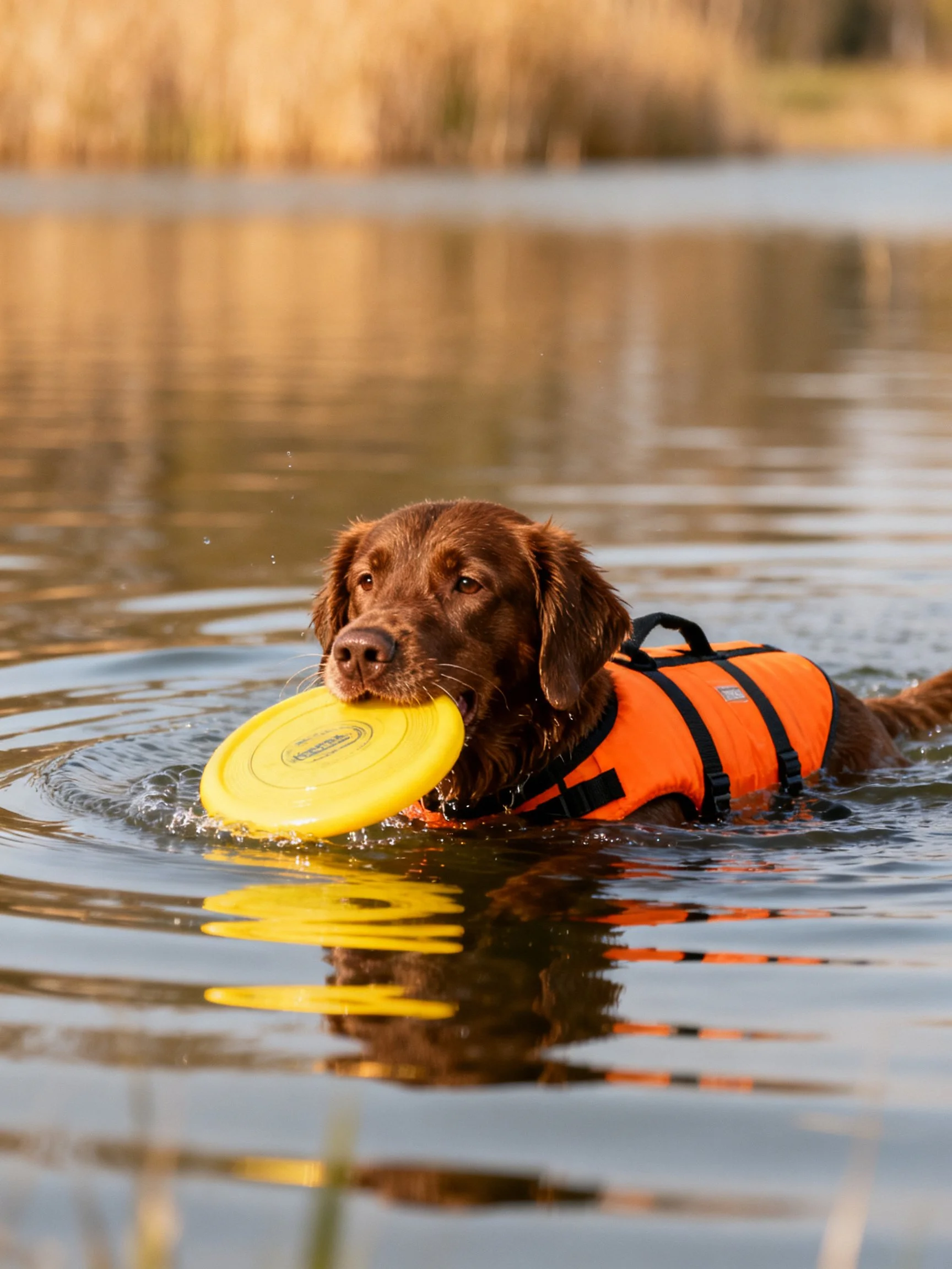 A brown dog in an orange life jacket swims in water while holding a yellow frisbee.
