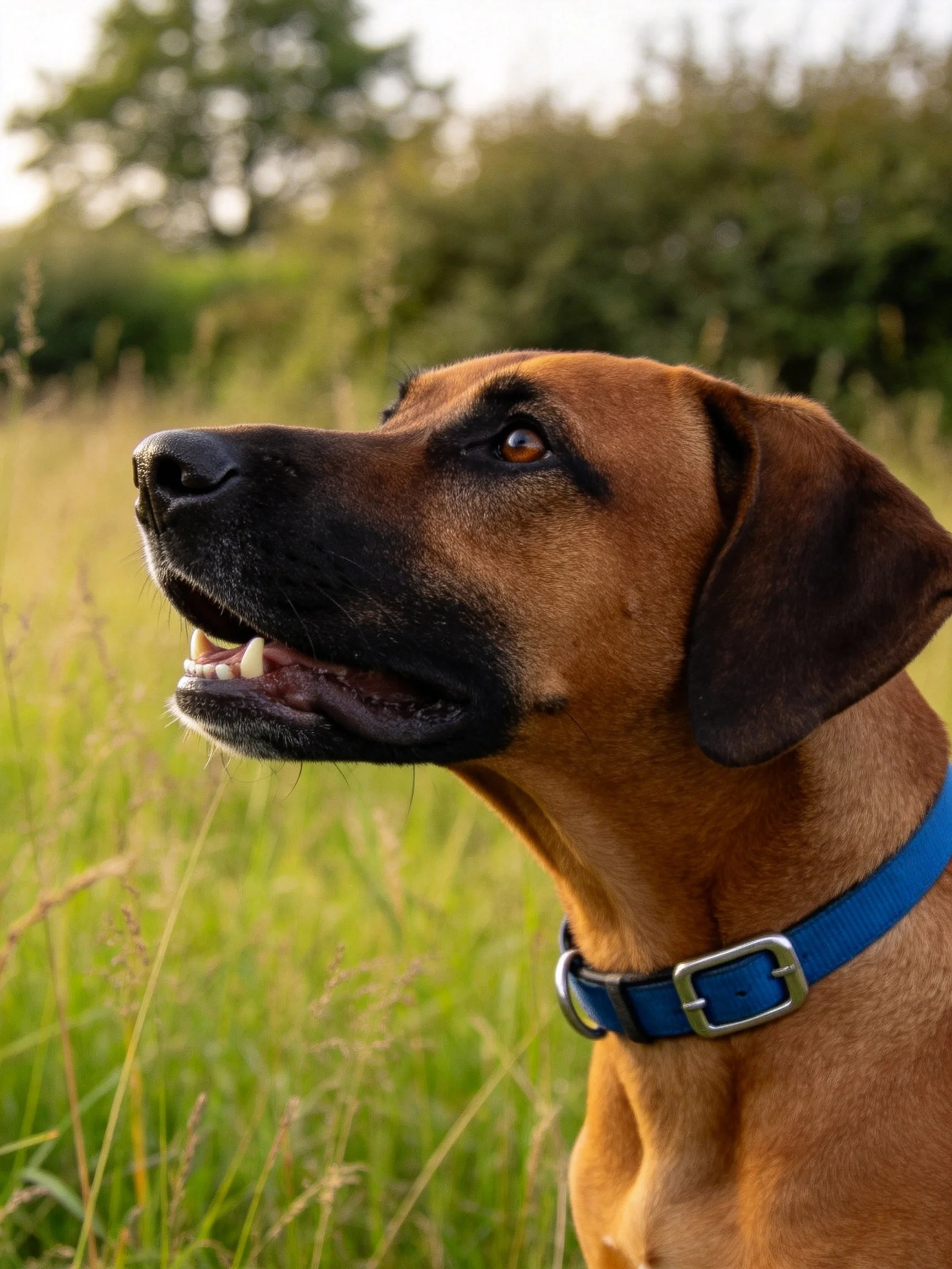 Brown dog with blue collar observes the meadow scenery.