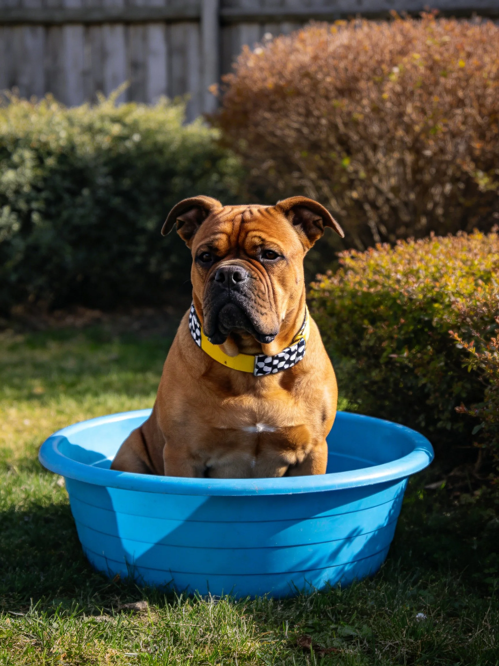 Brown dog with checkered collar in blue plastic tub outdoors