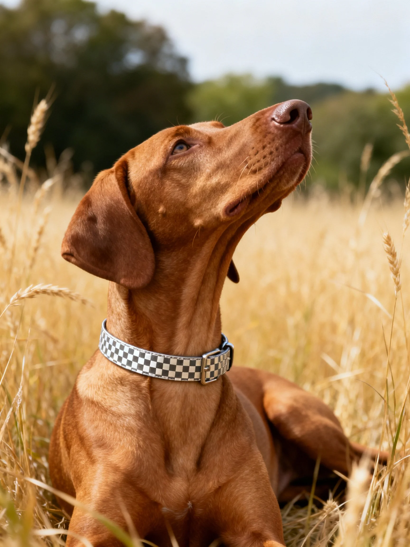 Brown dog with checkered collar resting in golden grass field