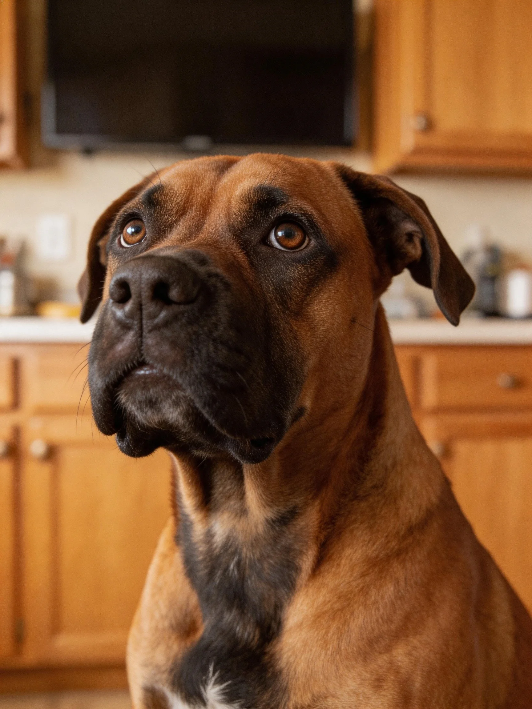 Brown dog with dark facial markings in a home kitchen