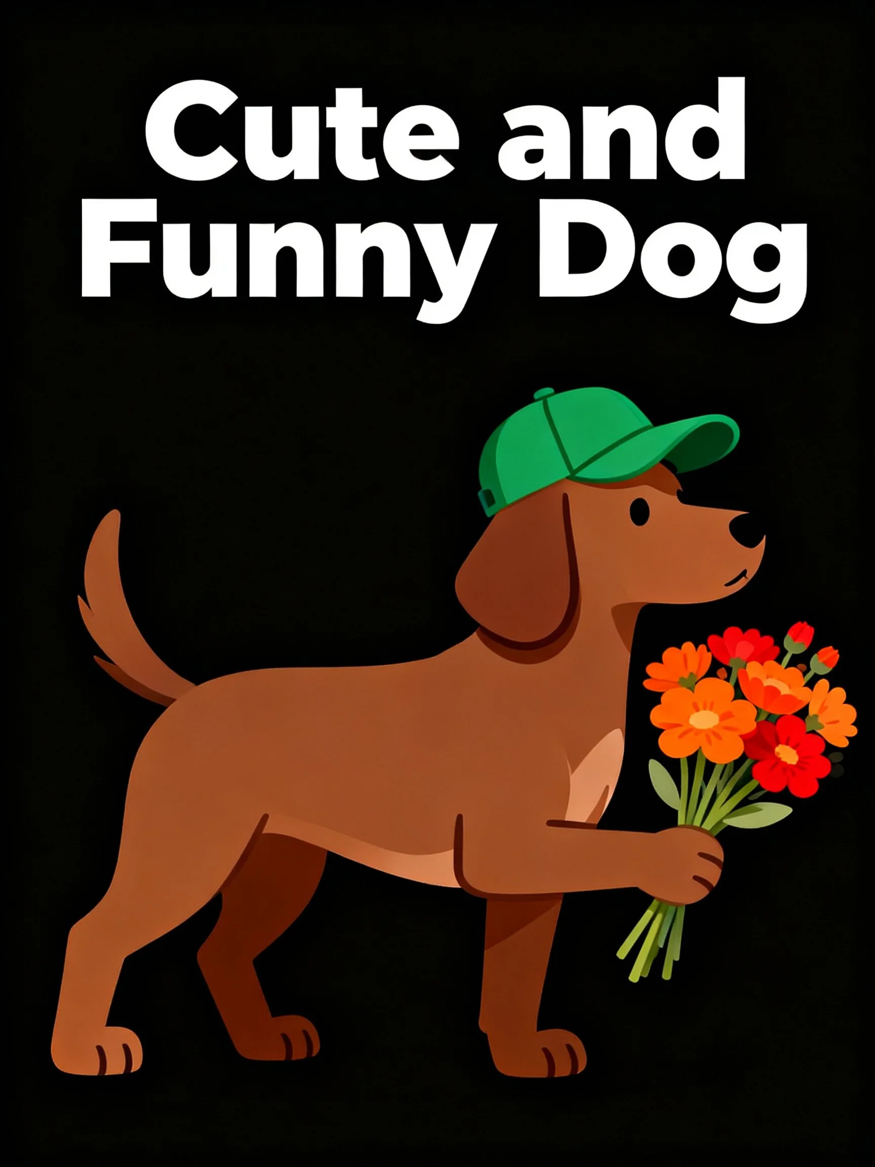 Brown dog with green cap holding colorful flowers
