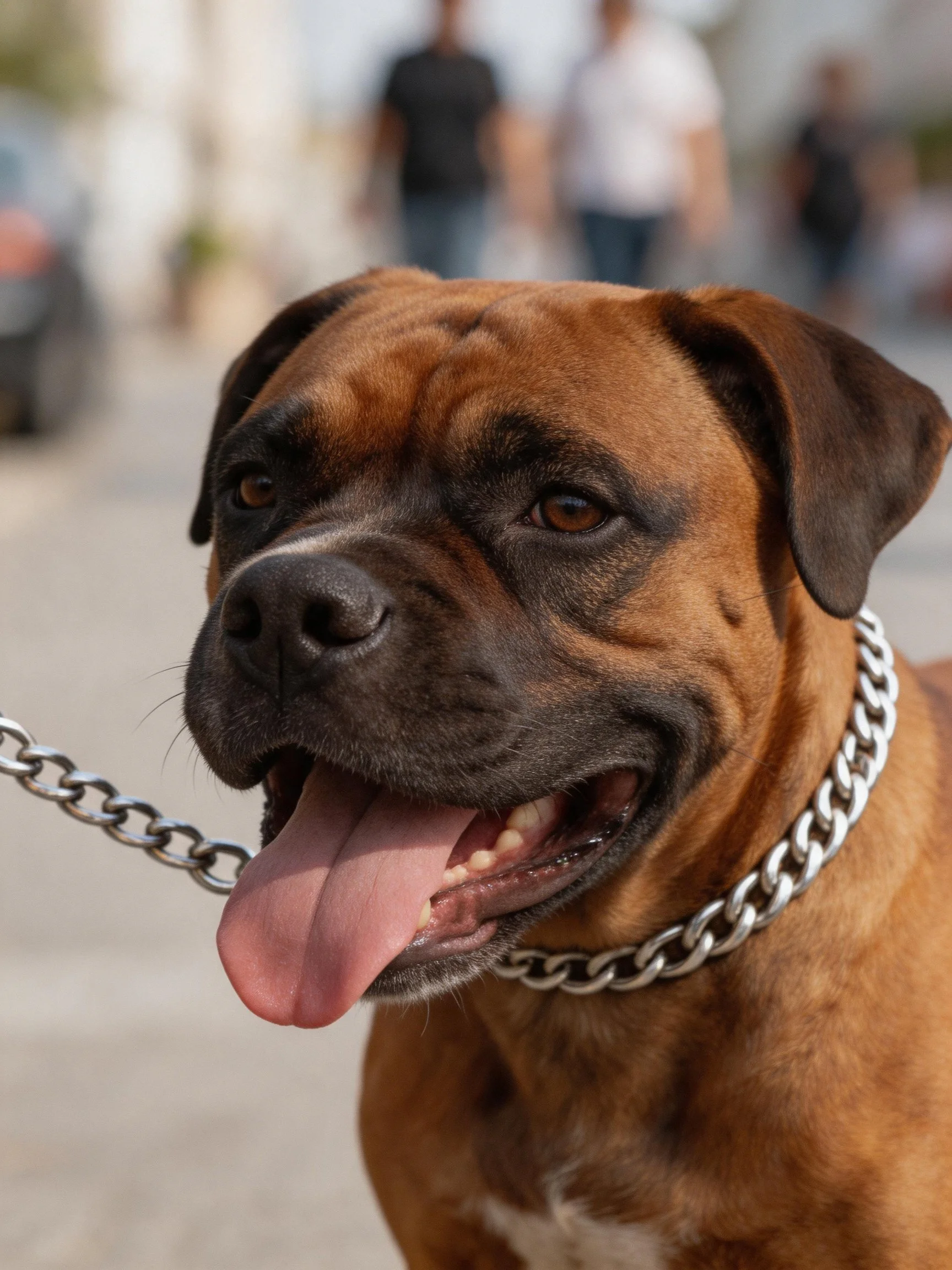 Brown dog with heavy silver chain collar standing outside