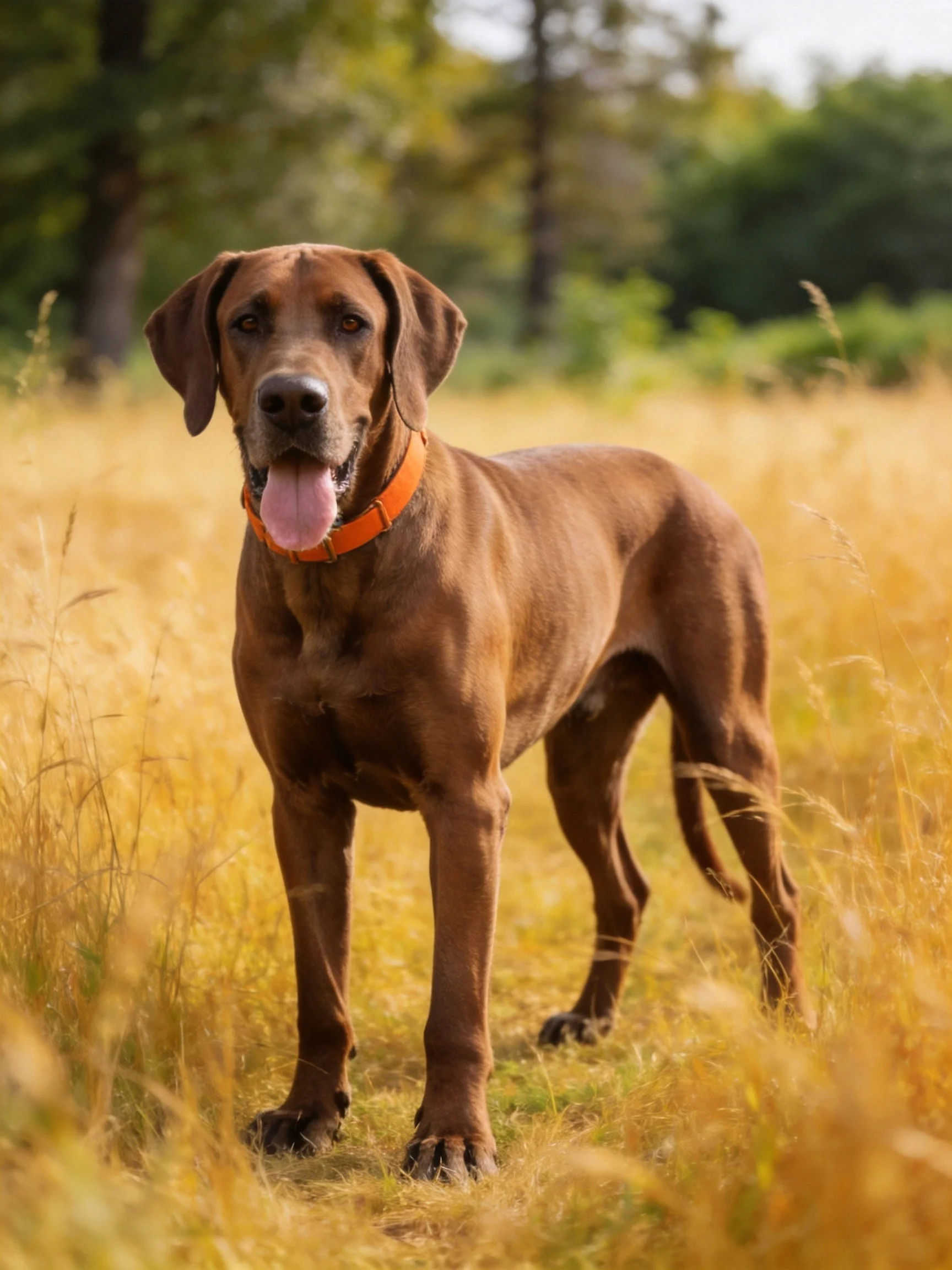A brown dog with an orange collar stands in golden grassland.