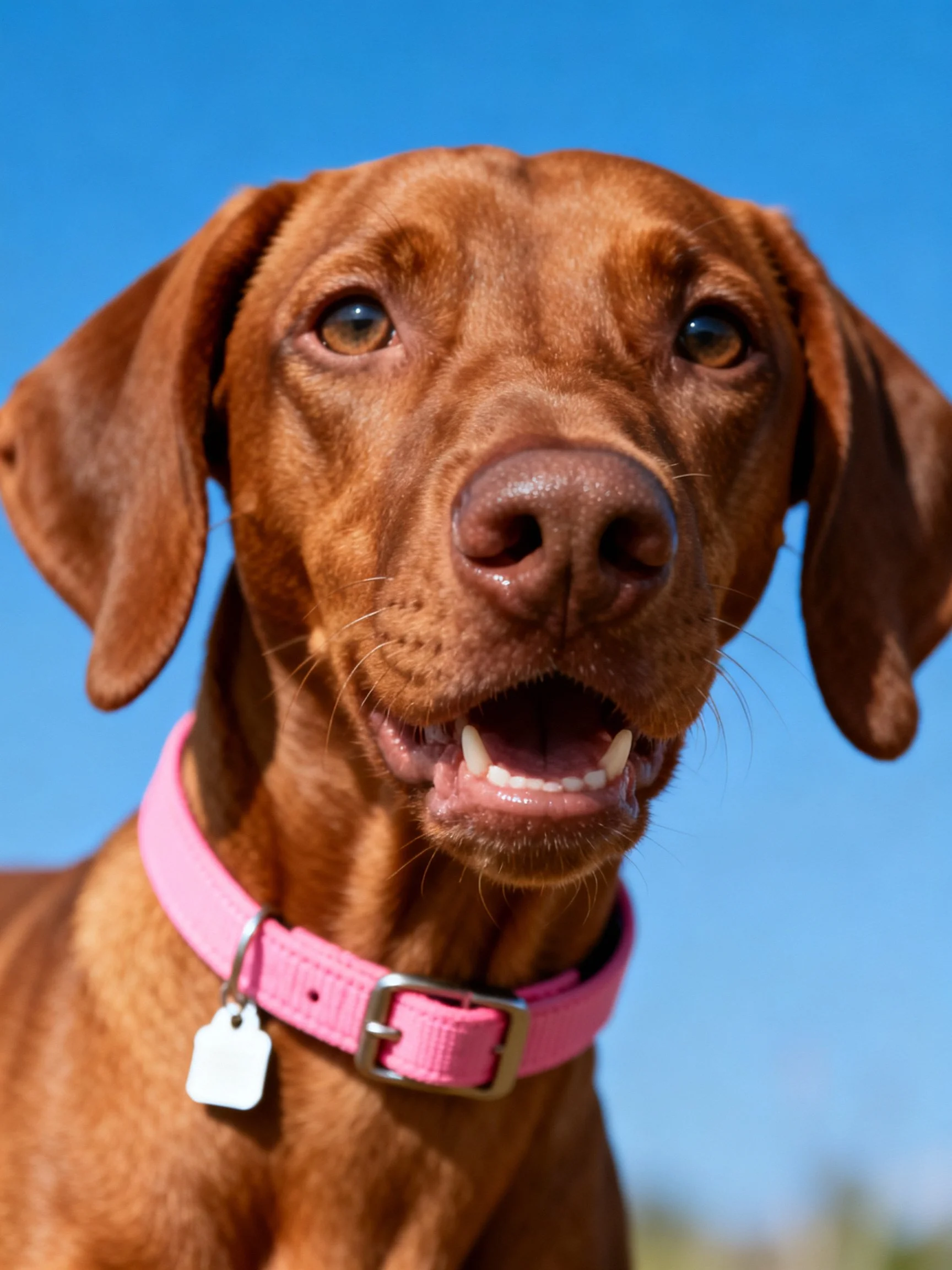 A brown dog with a pink collar stands near a clear blue sky.