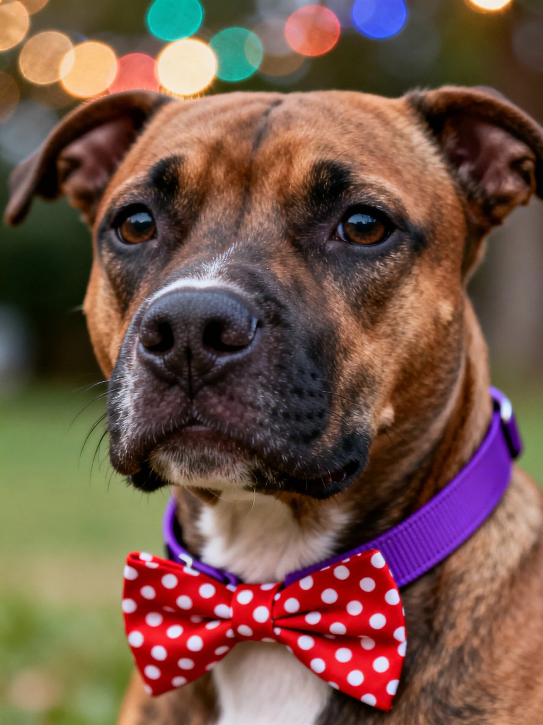 A brown dog with a purple collar and red polka dot bow tie stands among colorful bokeh lights.