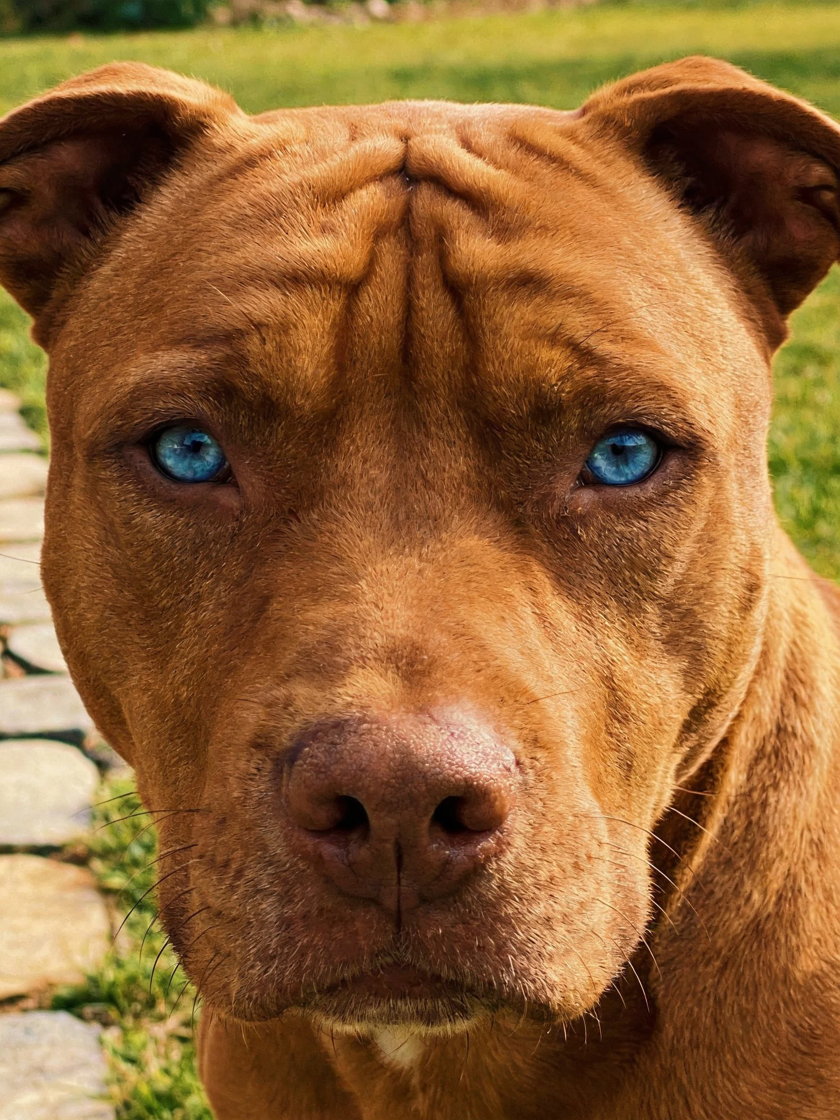 A brown dog with bright blue eyes is near a stone path in a grassy area.