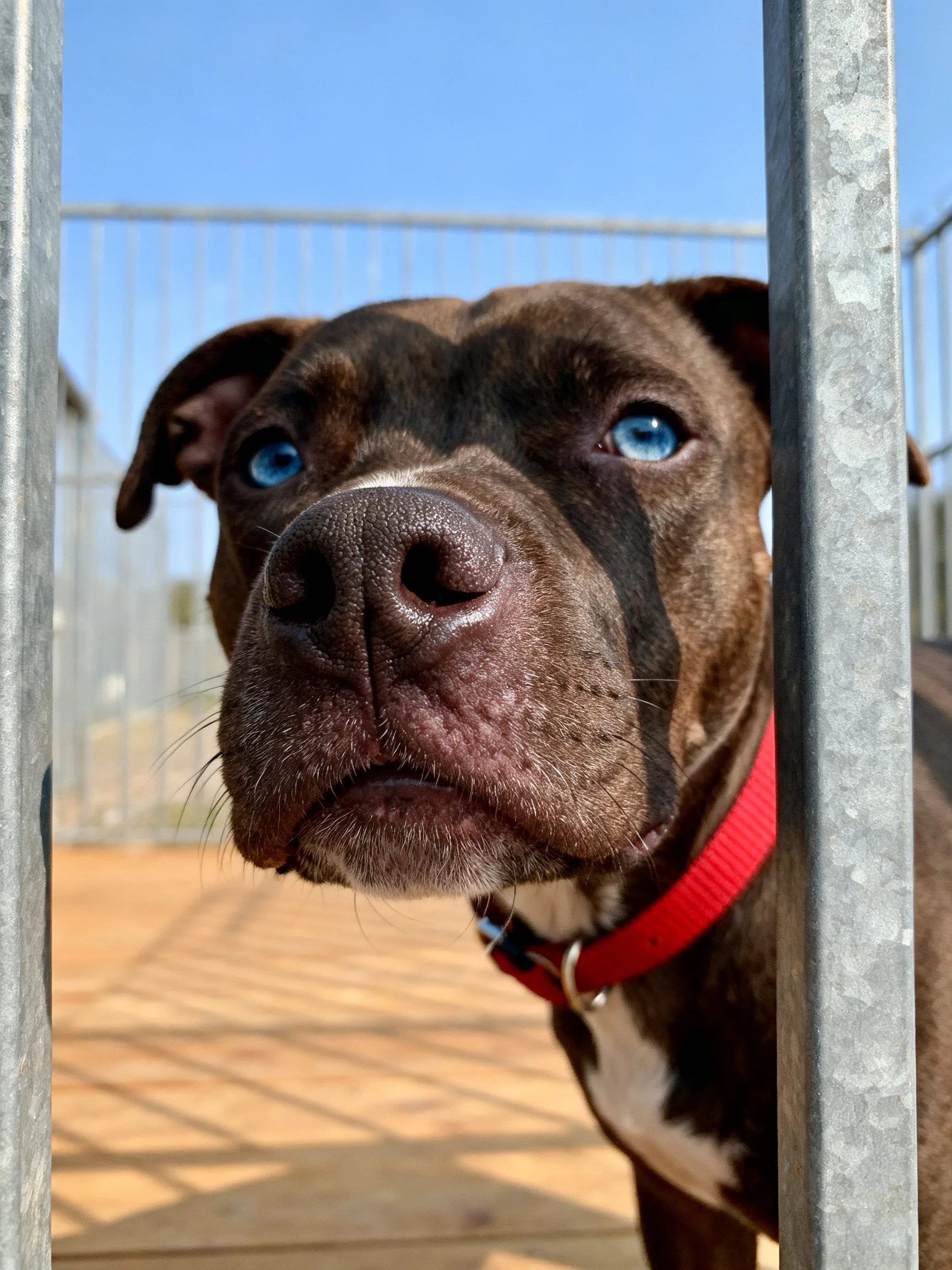 A brown dog with blue eyes looks through metal bars.