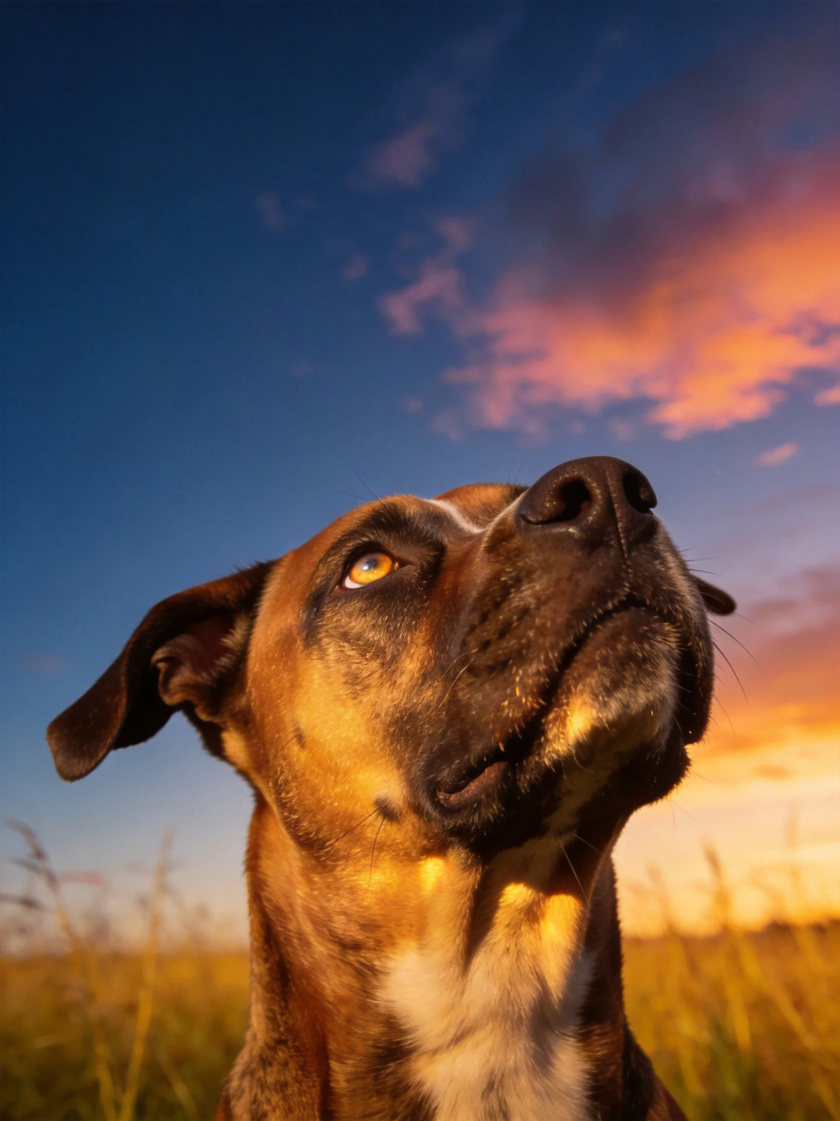 A brown dog looks upward at a colorful sunset sky above a grassy area.