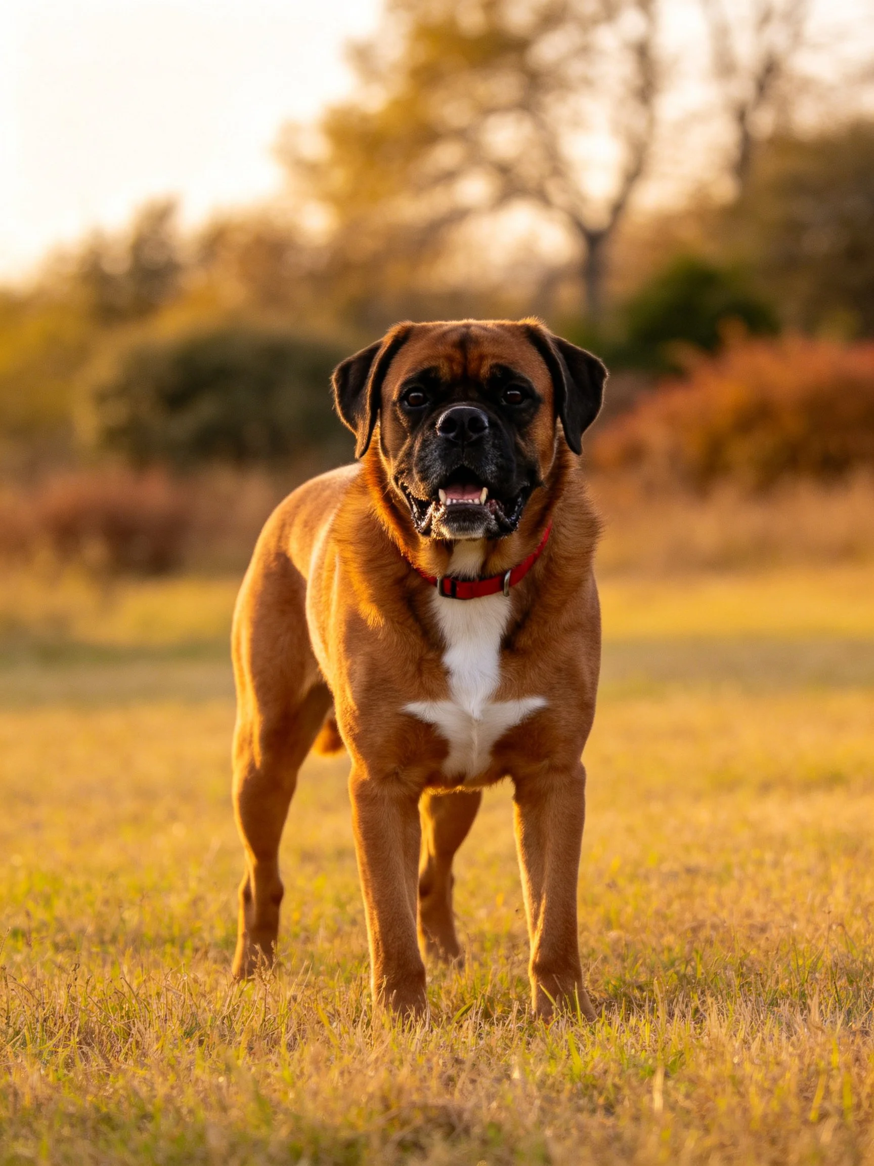 Brown dog with white chest in sunlit grassy field