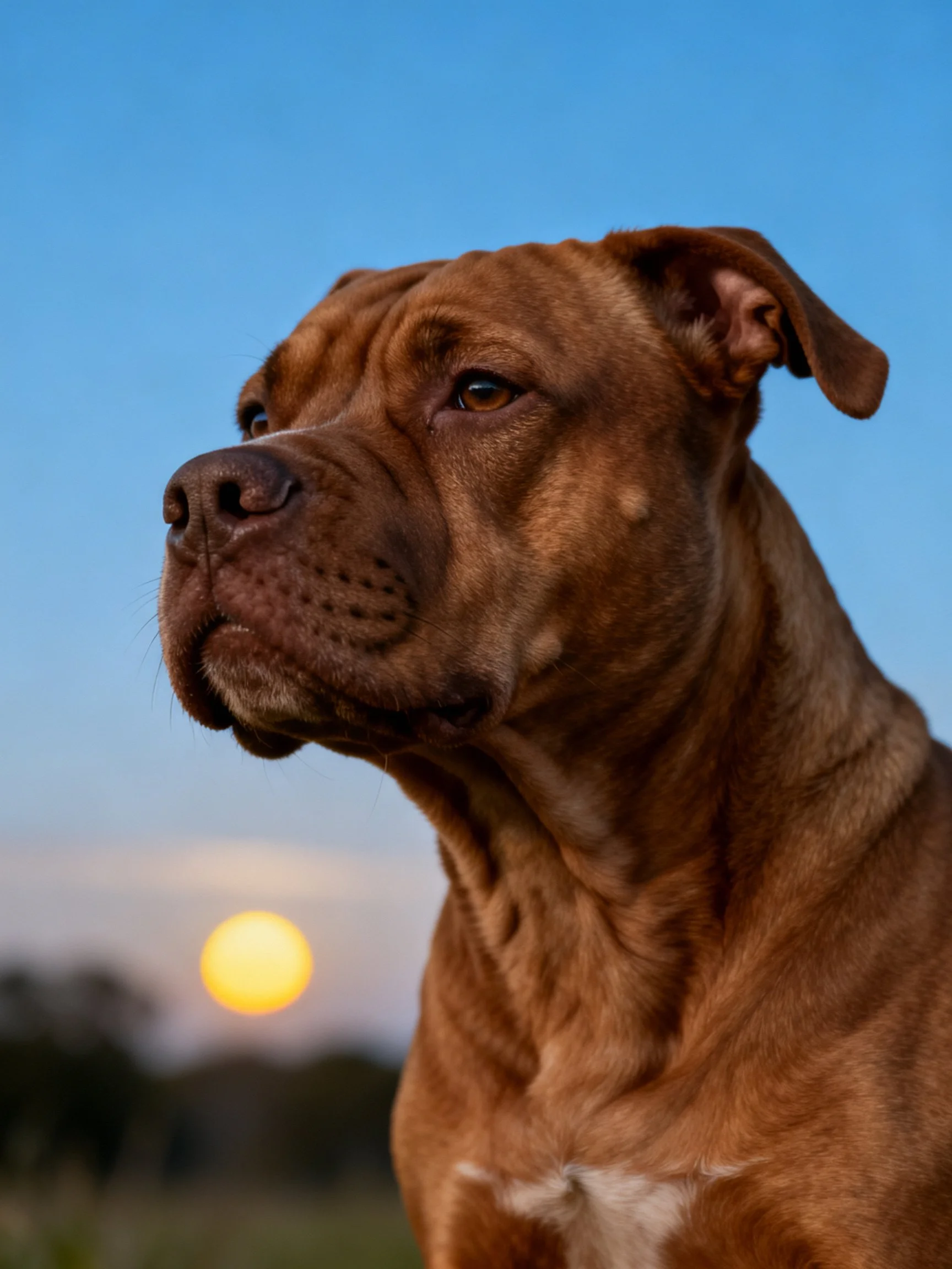 Brown dog with white chest marking near glowing sun at dusk