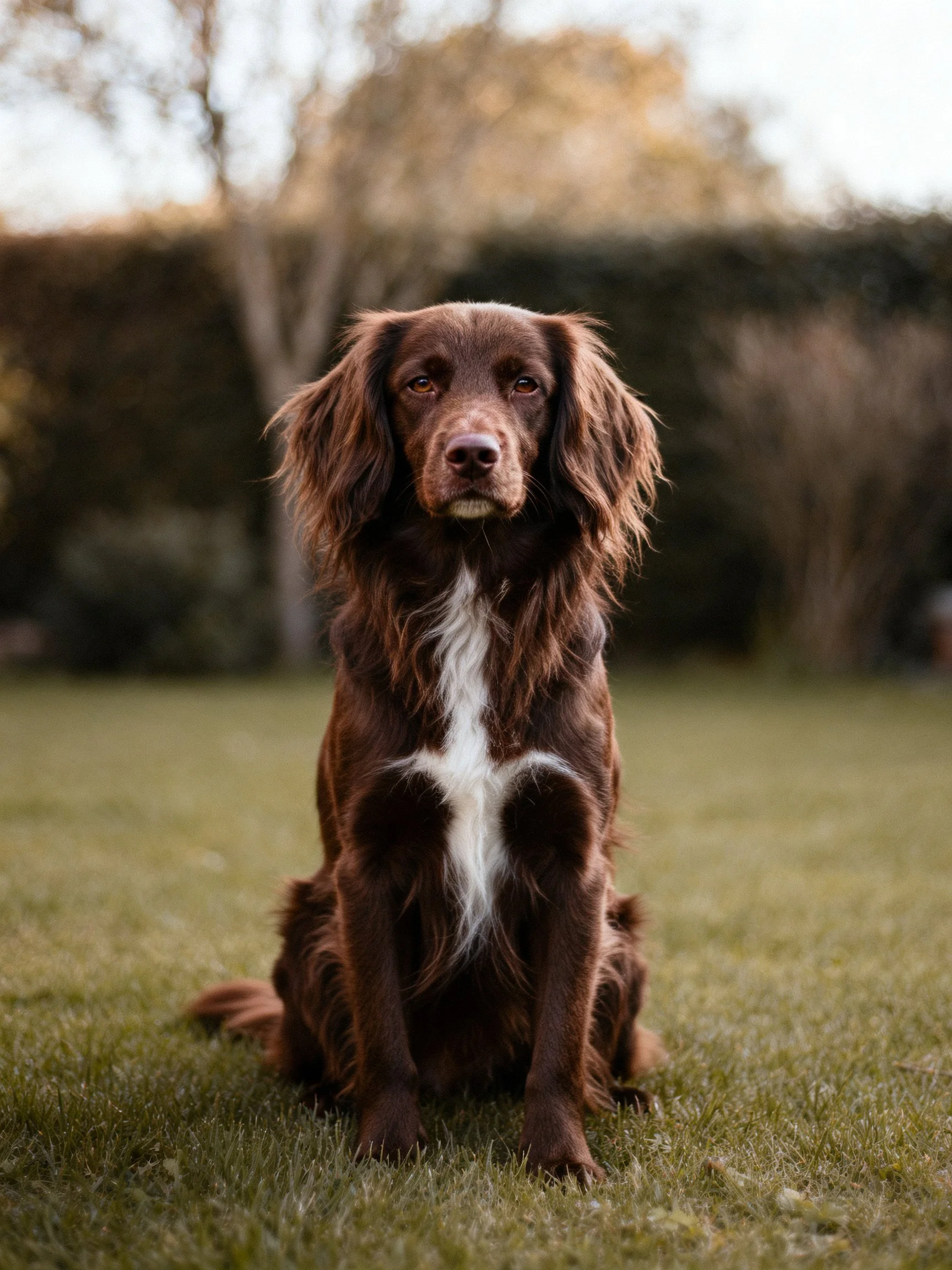 Brown dog with white chest sitting on grass outdoors