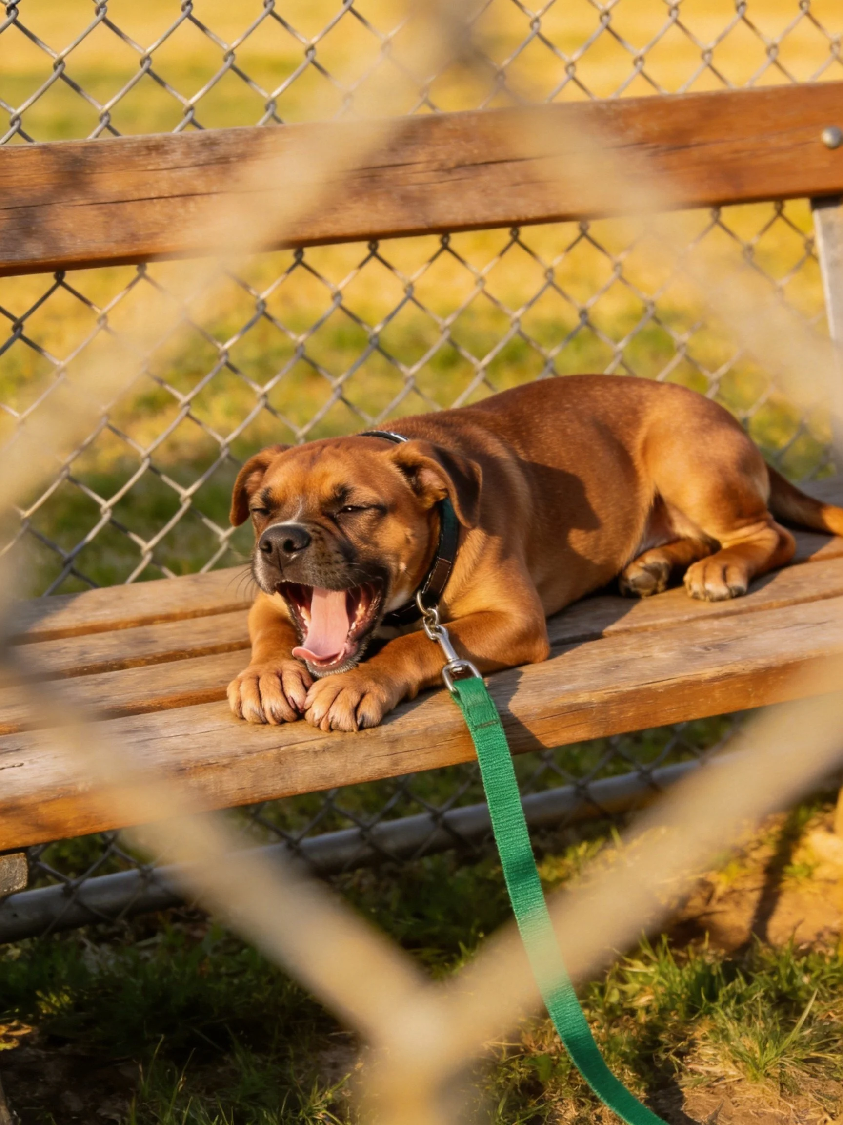 Brown dog yawning on wooden bench near chain-link fence