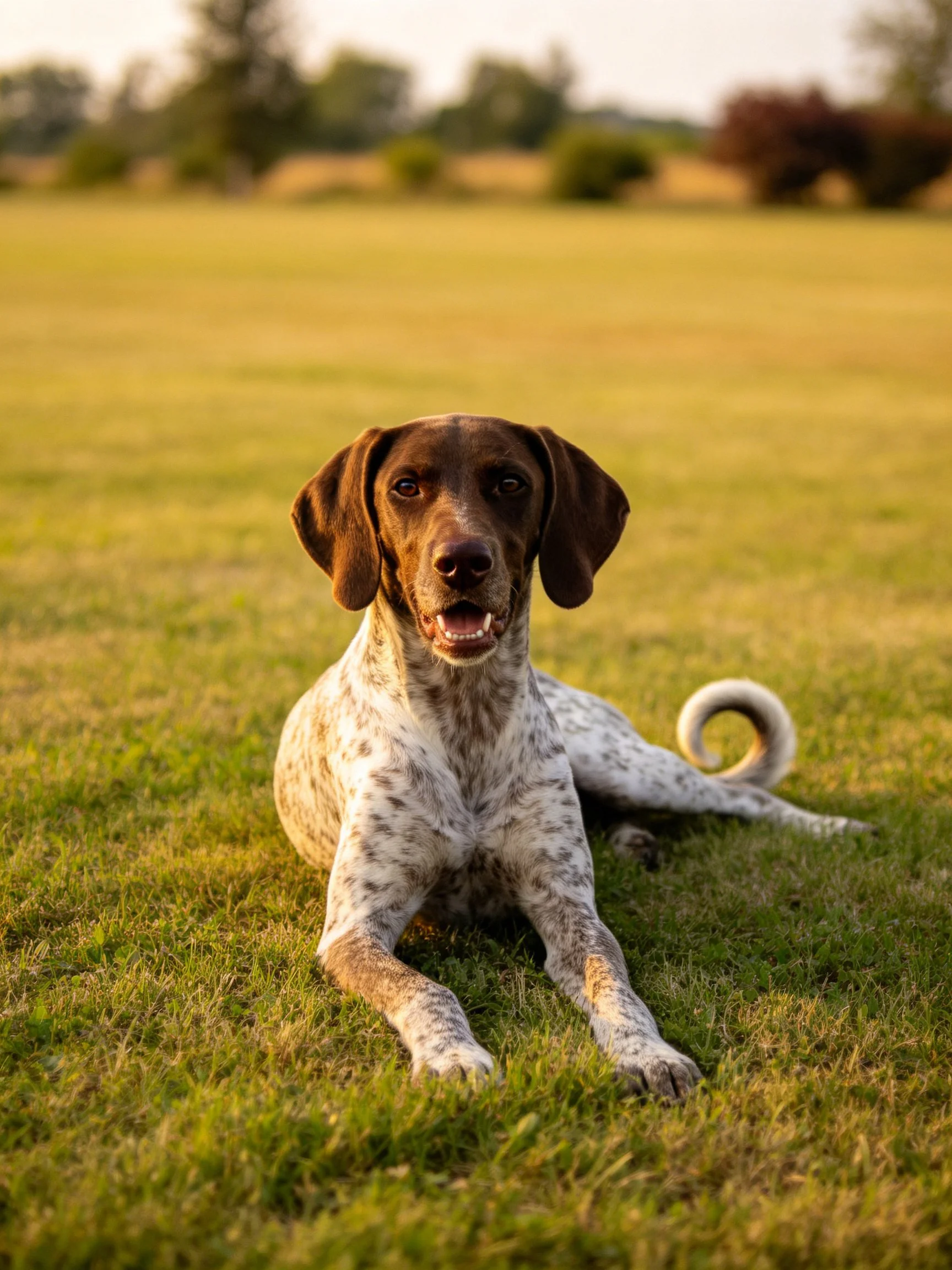 Brown-eared spotted dog resting on sunlit grassy field