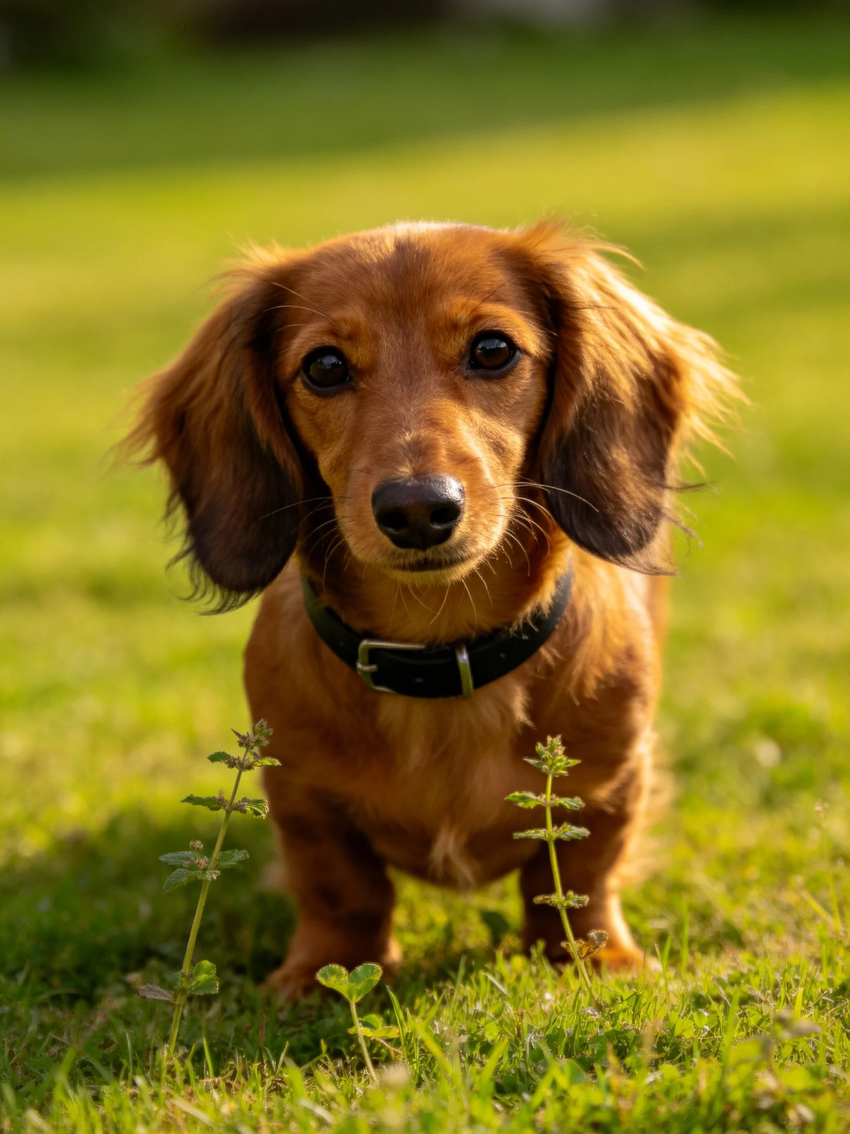 Brown long-haired dachshund standing on lush green grass