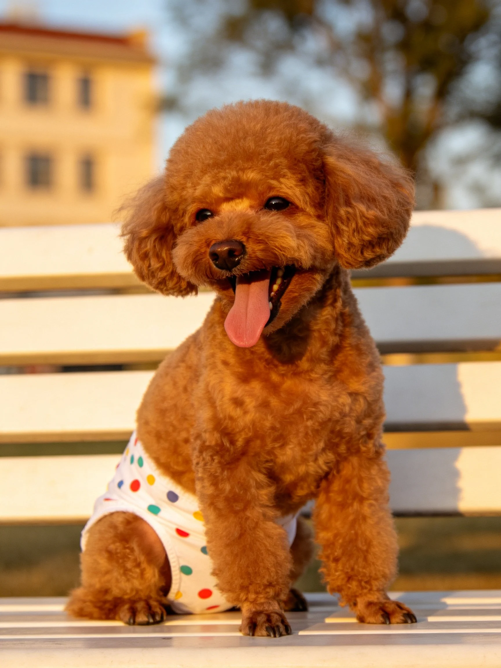 A brown poodle puppy in a polka-dot diaper sits on a white bench outdoors.